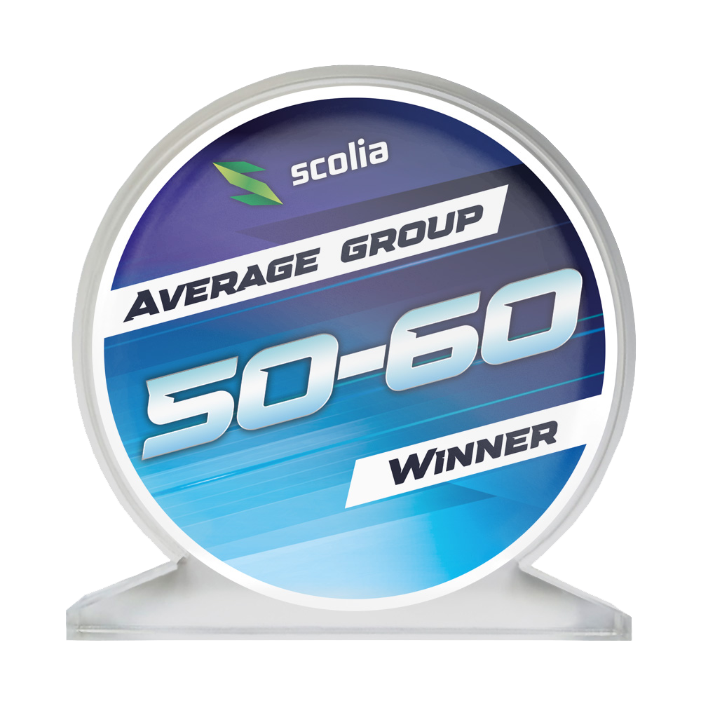 Acrylglaspokal mit der Aufschrift 'Average 50-60' ist zu sehen. Das Design zeigt eine klare, rechteckige Trophäe.