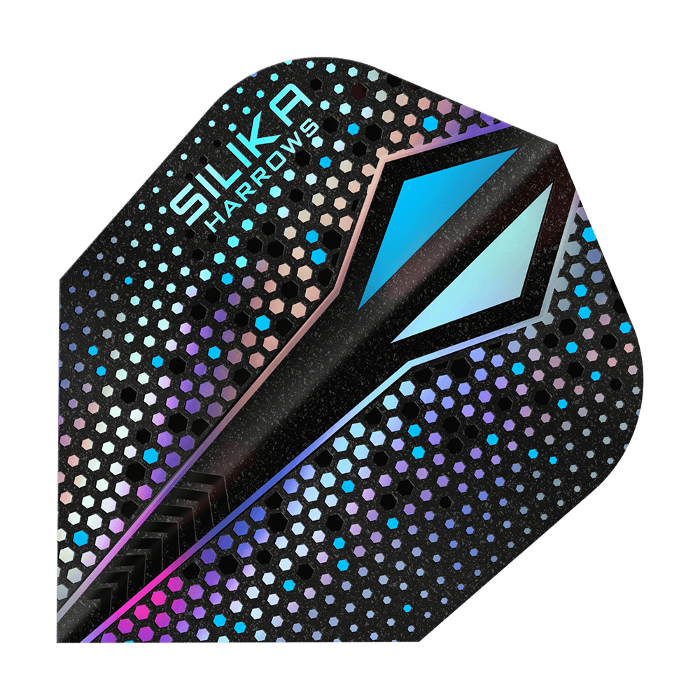 Harrows Silika Colourshift Tough Crystalline Coating Silver-X No6 Flights Das Bild zeigt ein Dart-Flight mit dem Namen "Harrows Silika Colourshift Tough Crystalline Coating Silver-X No6". Das Flight hat ein glänzendes, sechseckiges Muster mit schimmernden Farben und einem markanten blauen Designelement.