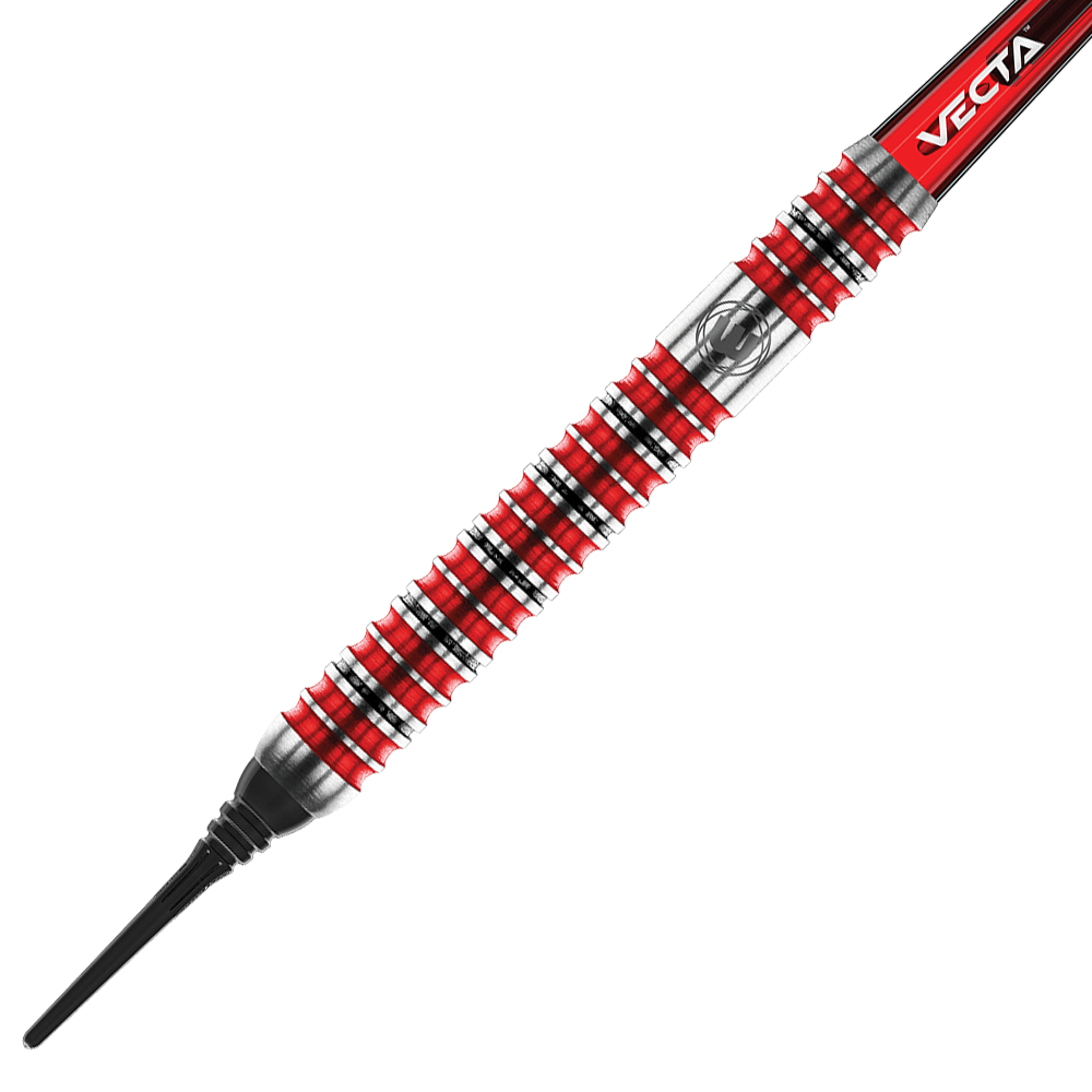 2463_Winmau_Diablo_Parallel_Softdarts_2 Das Bild zeigt einen Winmau Diablo Parallel Softdart mit einem Gewicht von 20 Gramm. Der Dart hat einen silbernen und roten Griff mit schwarzen Ringen und einer schwarzen Softspitze.