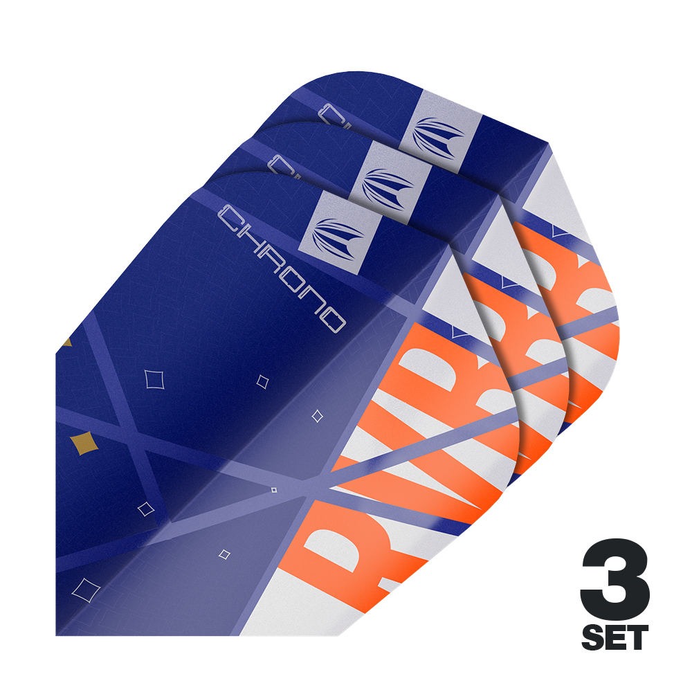 Target Pro Ultra Raymond Van Barneveld Chrono Ten-X Standard Flights - 3 sets Auf dem Bild sind drei Sätze von Target Pro Ultra Raymond Van Barneveld Chrono Ten-X Standard Flights zu sehen. Die Flights sind überwiegend blau mit orangefarbenen und weißen Akzenten gestaltet.