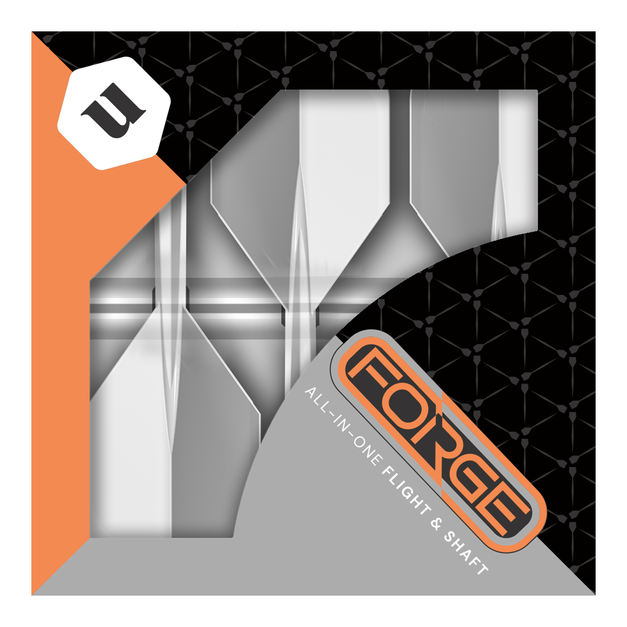 Das Bild zeigt die Verpackung des Produkts „Unicorn Forge All In One Plus No2 Standard Flights Clear - Medium“. Die Verpackung ist in Schwarz, Orange und Grau gehalten und zeigt die Flights und Shafts durch ein Sichtfenster.