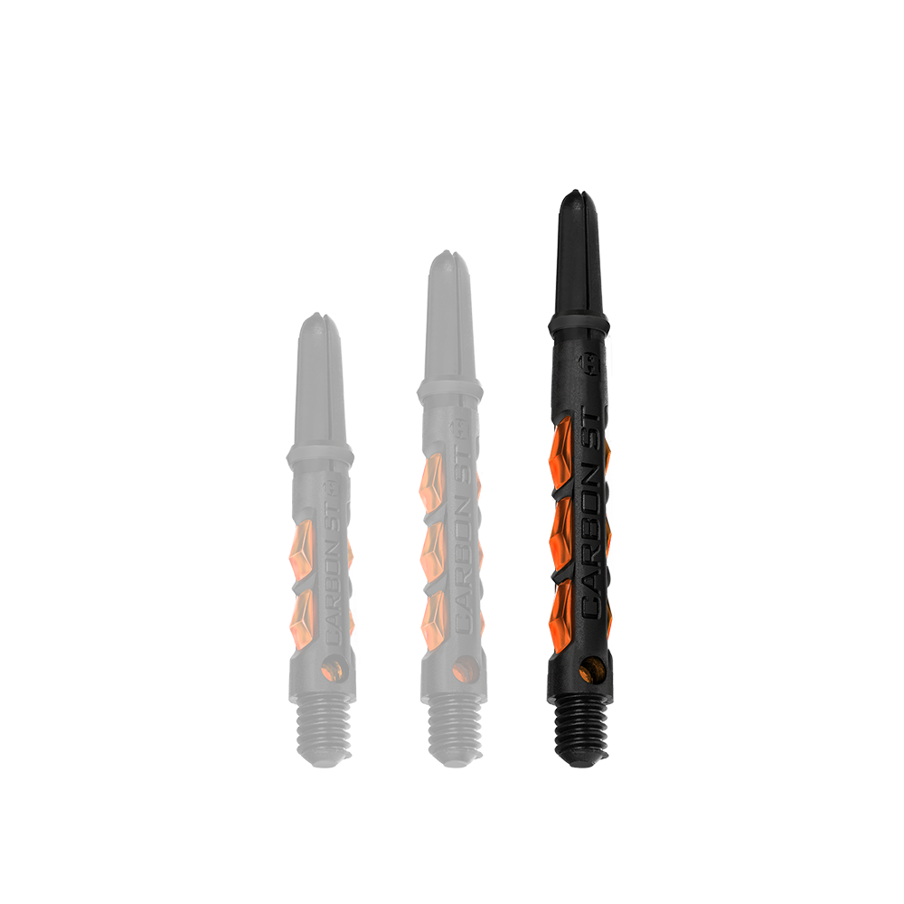 HR430_Harrows_Carbon_ST_Shafts_Orange_47mm_1 Das Bild zeigt drei Harrows Carbon ST Shafts in der Farbe Orange. Sie sind in unterschiedlichen Längen abgebildet und bestehen aus schwarzem Material mit orangenen Akzenten.