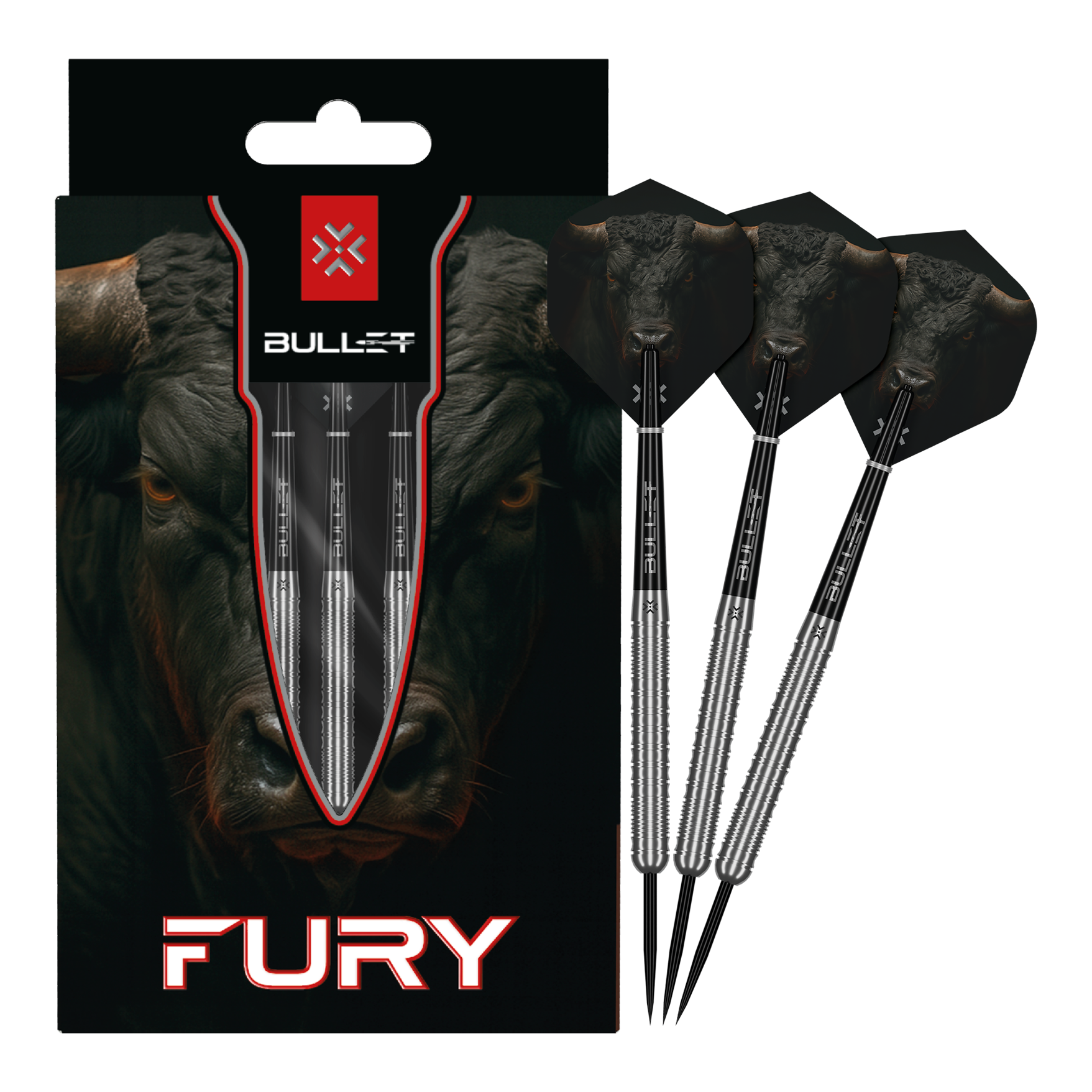 Auf dem Bild sind die Bullet Fury Steel Darts vollständig dargestellt. Das Set ist für Dartbegeisterte geeignet.