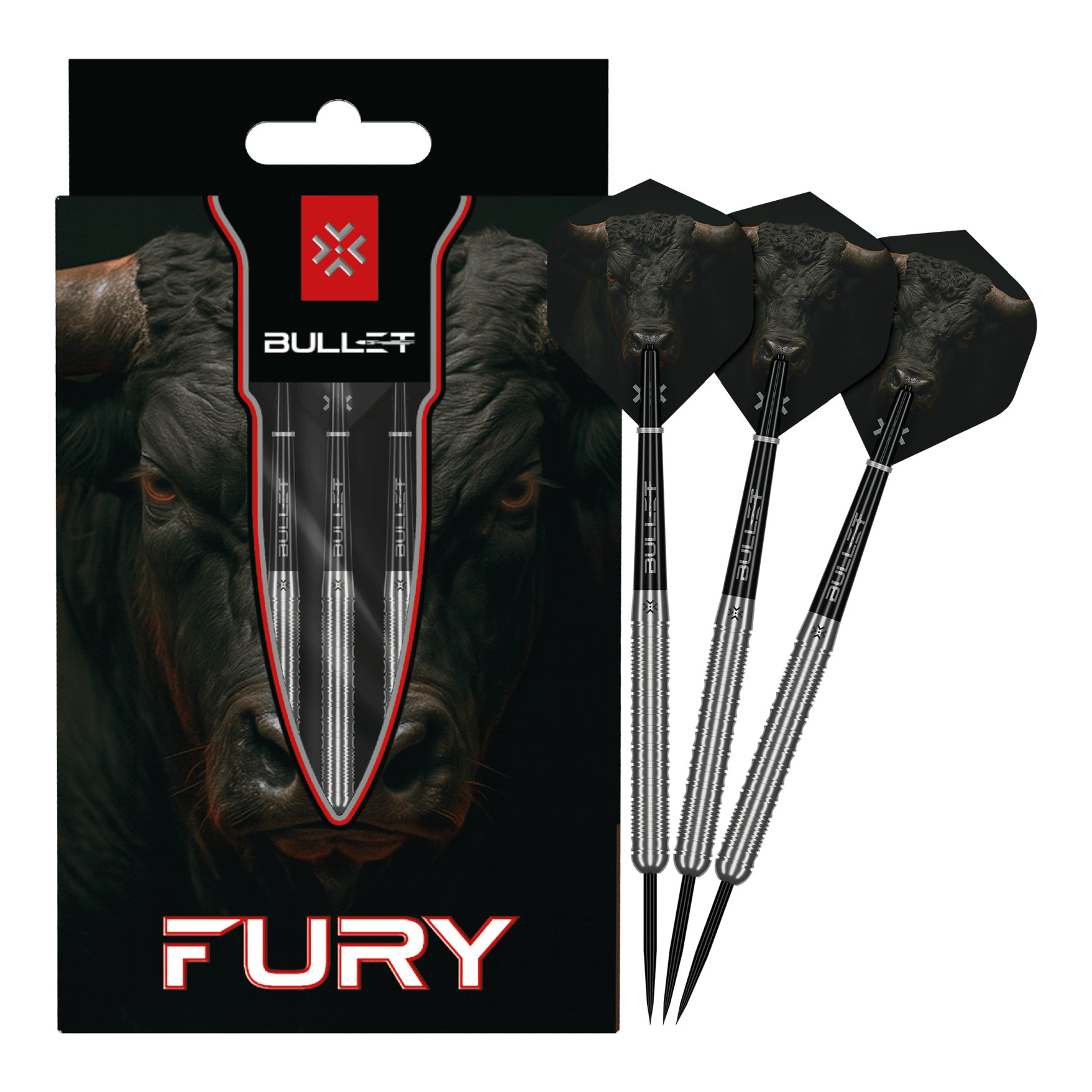 Bullet Fury steel darts Auf dem Bild sind die Bullet Fury Steel Darts vollständig dargestellt. Das Set ist für Dartbegeisterte geeignet.