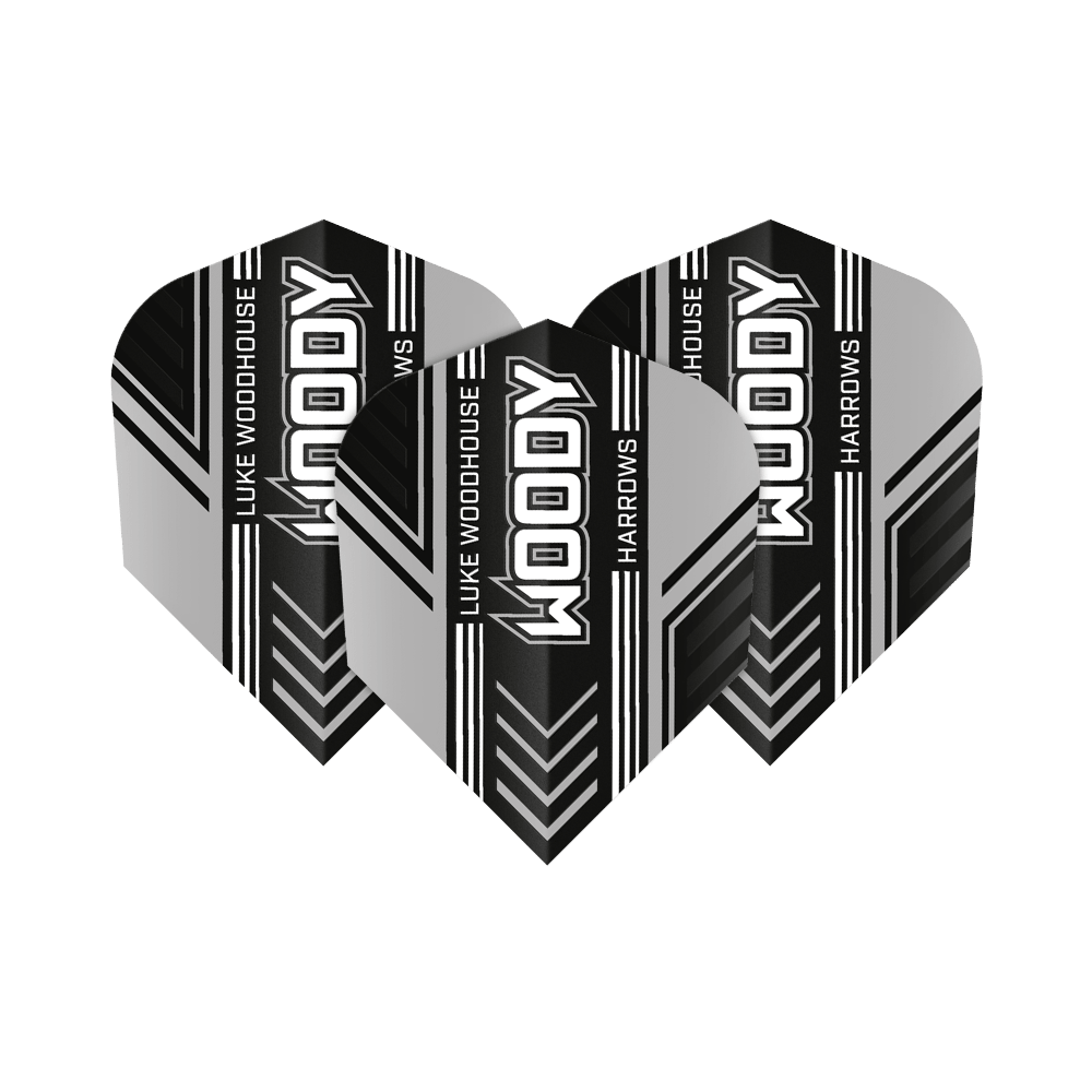 Harrows Prime Luke Woodhouse Woody No6 Flights Das Bild zeigt drei Dart-Flights mit dem Aufdruck "WOODY", "LUKE WOODHOUSE" und "HARROWS". Die Flights sind in Schwarz, Weiß und Grau gestaltet und haben ein modernes Streifendesign.