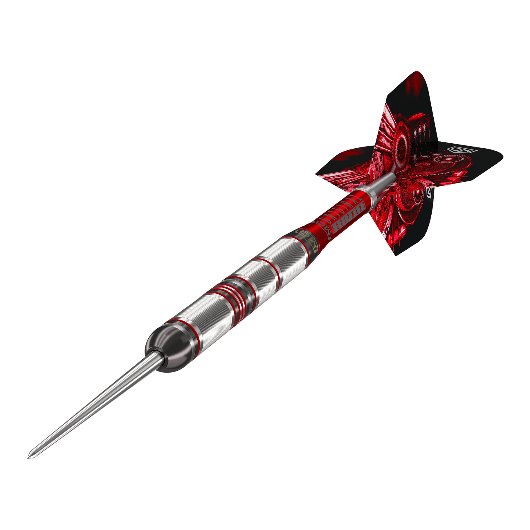 DW Piranha Razor 01 steel darts Das Bild zeigt einen DW Piranha Razor 01 Steeldart. Der Dartpfeil hat ein silbernes Barrel mit roten Akzenten und rote Flights.
