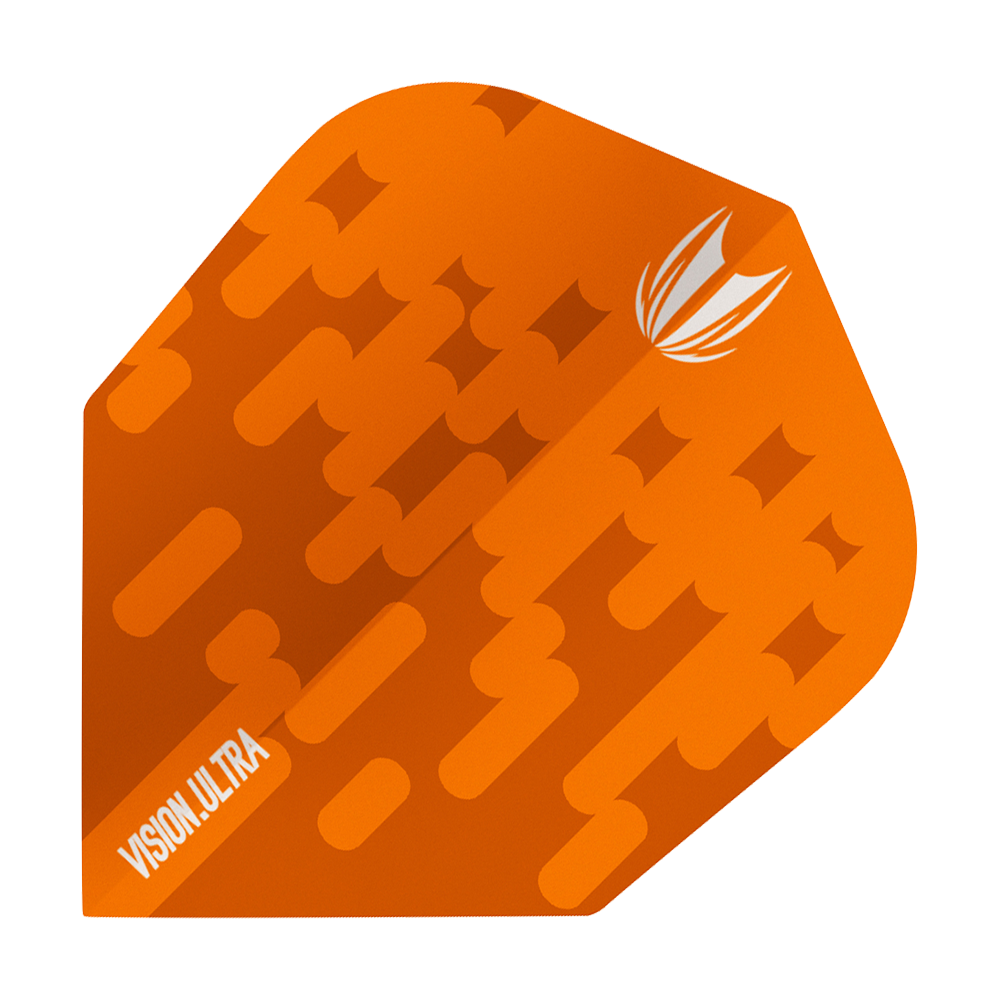 TG61_333810_Target_Vision_Ultra_Orange_Ten-X_Flights_1cMugUlWtigpYO Das Bild zeigt ein orangefarbenes Dart-Flight mit dem Namen "Target Vision Ultra Orange Ten-X Flights". Auf dem Flight sind ein stilisiertes Logo und das Wort "VISION ULTRA" zu sehen.