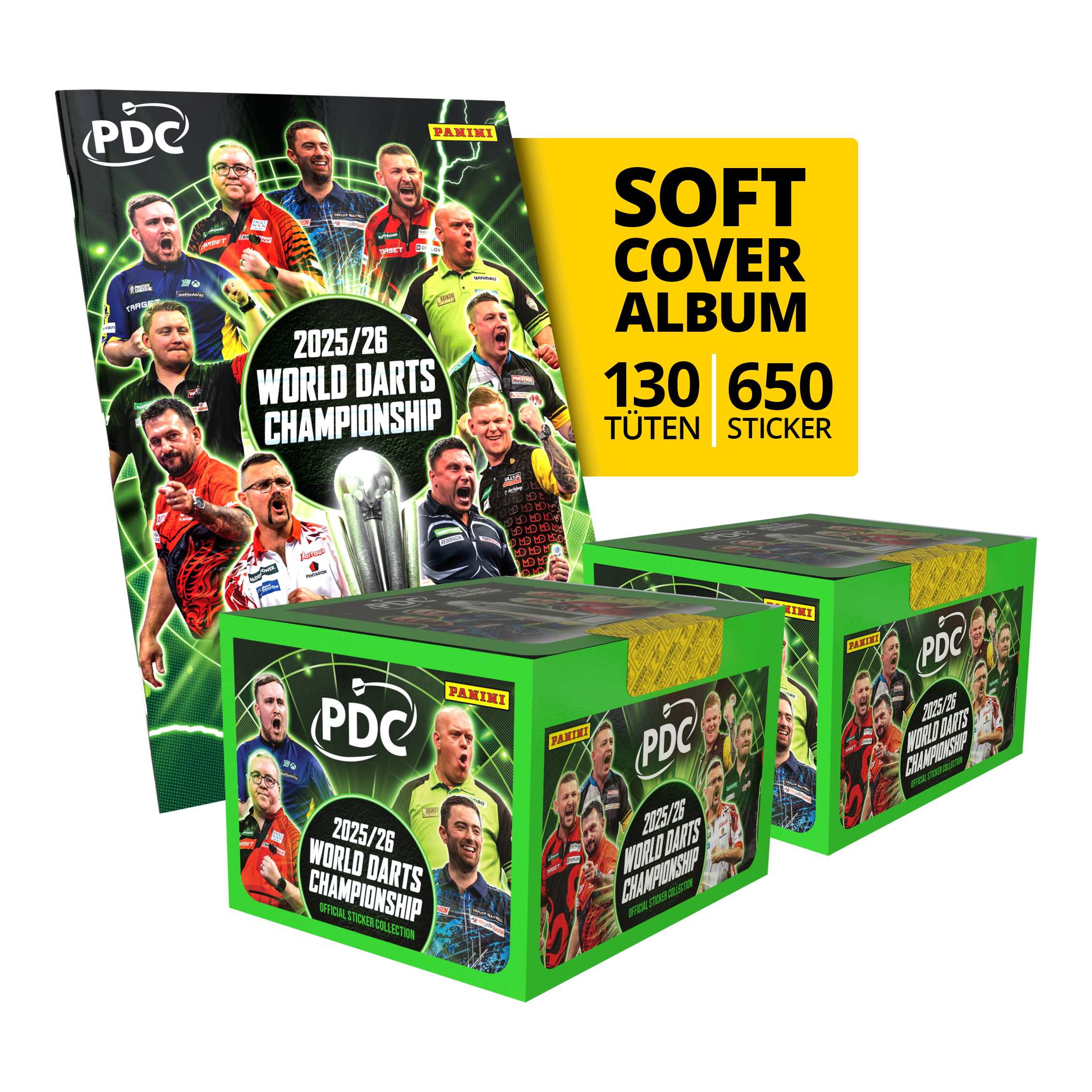 Gezeigt wird das Panini PDC World Darts Championship 2025/26 Softcover Mega Bundle mit zwei Stickerboxen. Das Mega Bundle bietet noch mehr Sticker zum Sammeln und Tauschen.