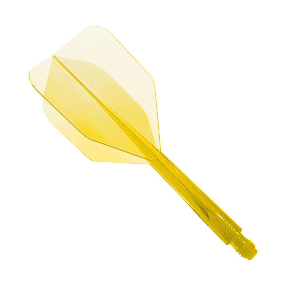Das Bild zeigt das Produkt "Condor Axe Clear Yellow Flight-System Small - XL - 37,5 mm". Es handelt sich um einen gelben, transparenten Flightschaft für Dartpfeile.