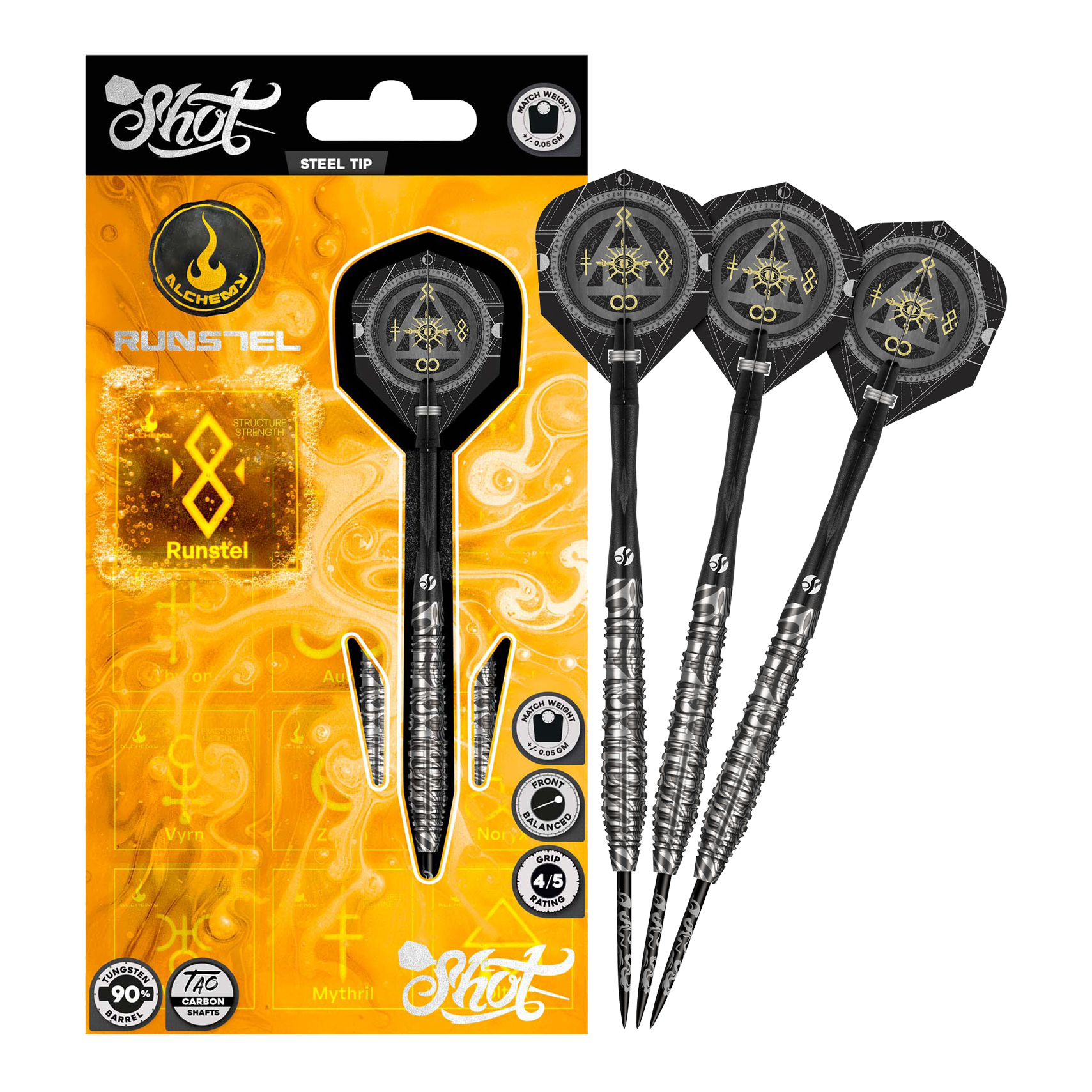 Shot Alchemy Runstel Steel Darts Hier wird das Modell Shot Alchemy Runstel Steeldarts dargestellt. Die Steeldarts sind komplett und aus der Nähe abgebildet.