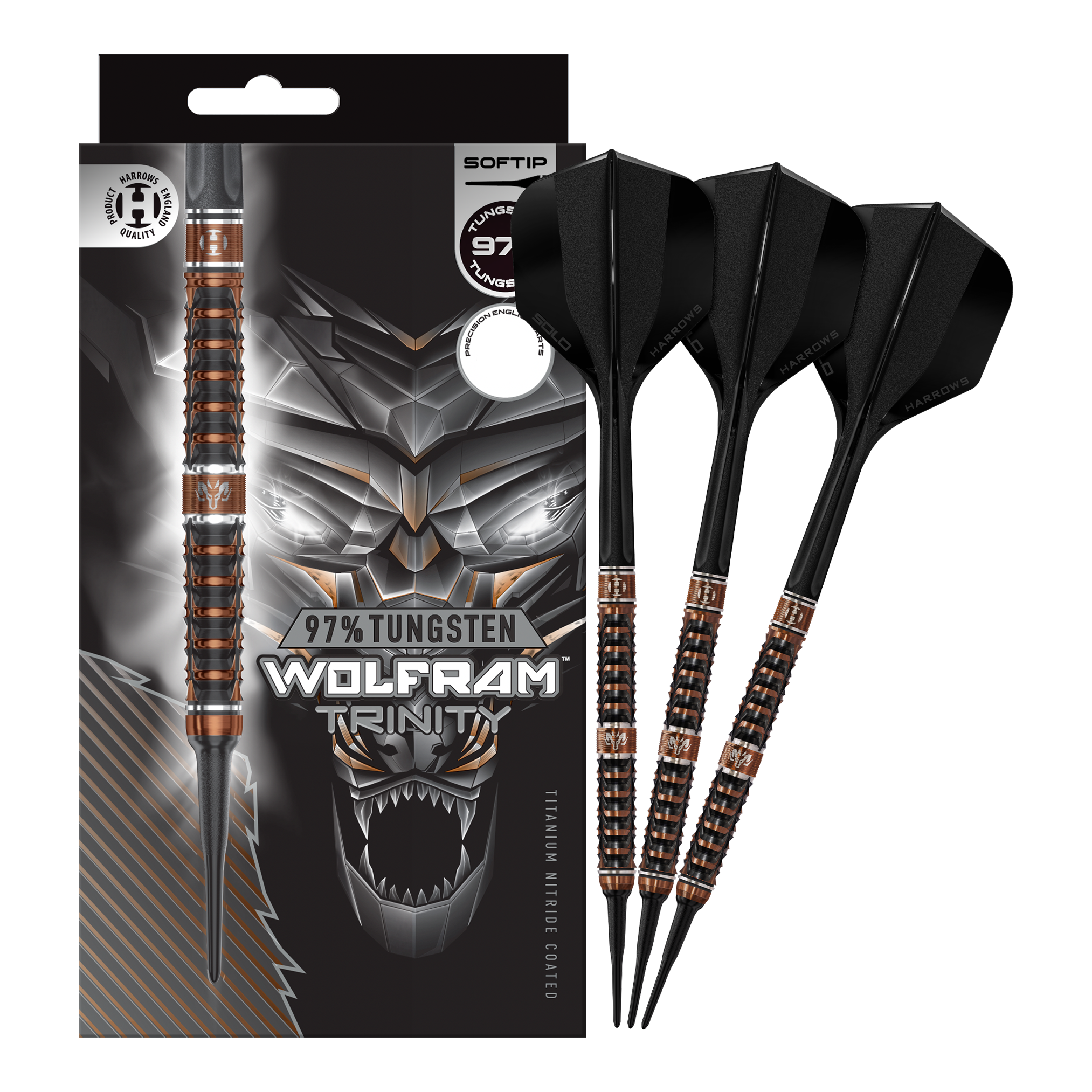 Harrows Tungsten Trinity soft darts Das Bild zeigt die Harrows Wolfram Trinity Softdarts in voller Ansicht. Die Softdarts sind hochwertig verarbeitet.