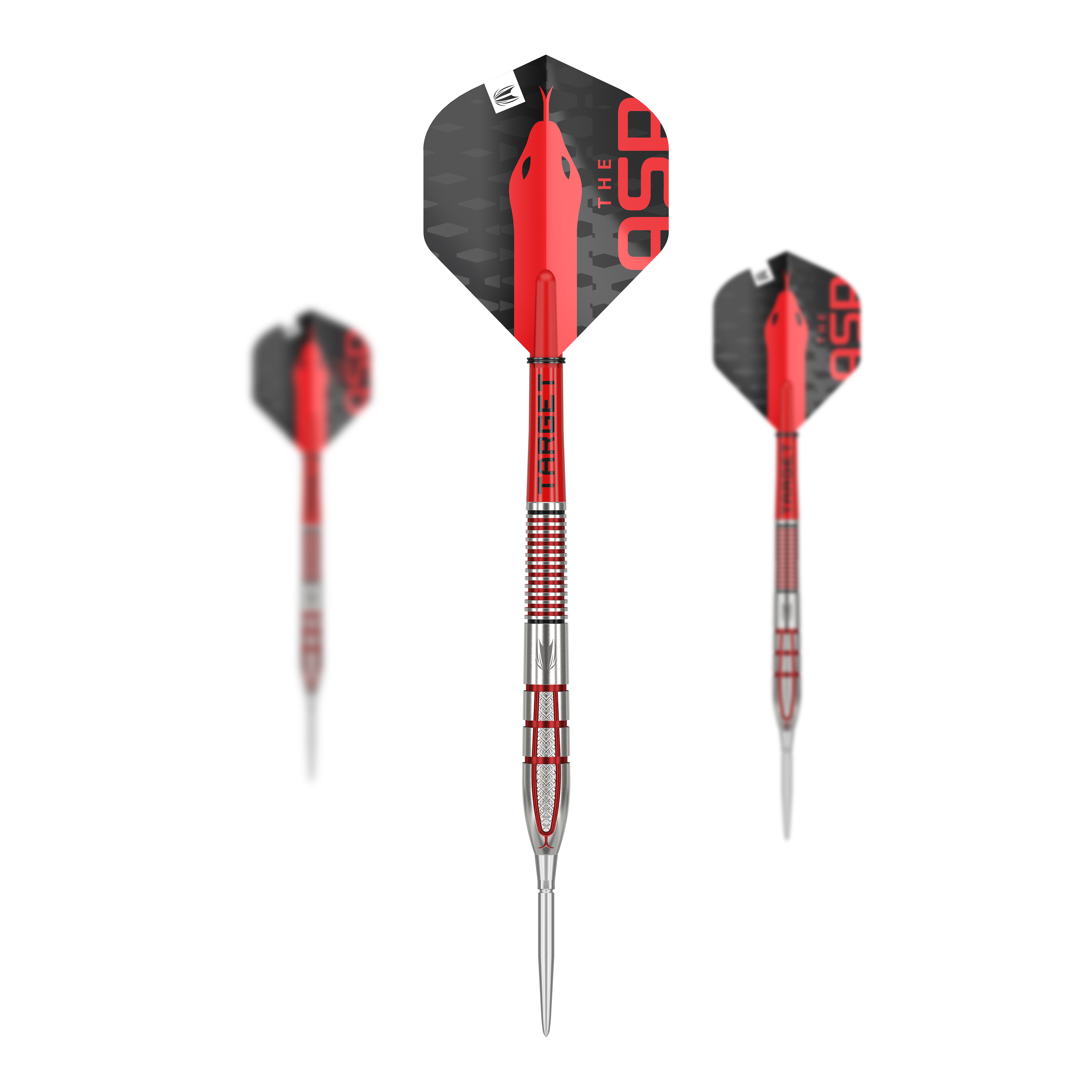 Target Nathan Aspinall GEN2 Swiss Point steel darts Das Bild zeigt drei hochwertige Steeldarts mit silbernen und roten Akzenten. Die Flights sind schwarz und rot gestaltet und tragen die Aufschrift "THE ASP."