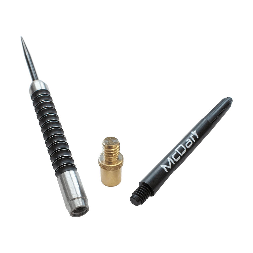 Addagramms Zusatzgewichte Das Bild zeigt das Produkt „Addagramms Zusatzgewichte“ für Dartpfeile. Zu sehen sind ein Dartspitze, ein Zusatzgewicht und ein Schaft.