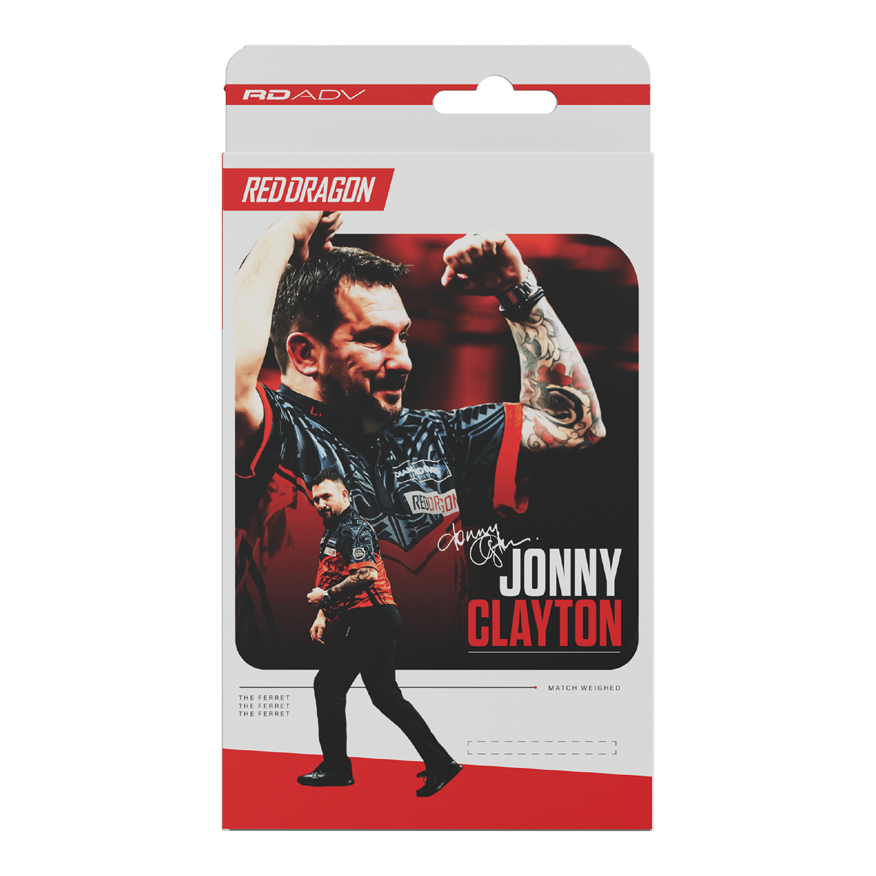 Red Dragon Jonny Clayton RD-ADV soft darts - 18g Das Bild zeigt die Red Dragon Jonny Clayton RD-ADV Softdarts - 18g. Ein Softdart ist aus einer leicht anderen Perspektive zu sehen.