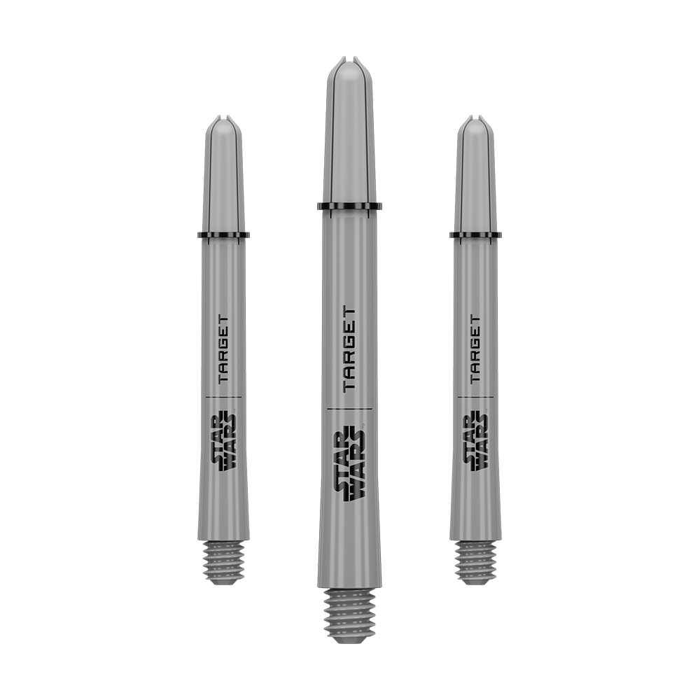 Target Star Wars ProGrip Shafts - Gray Das Bild zeigt ein Dart-Zubehör mit dem Dateinamen 380432_Target_StarWars_ProGrip_Shafts_Grau_Medium_48mm_1Set. Es handelt sich vermutlich um einen grauen Medium ProGrip Shaft von Star Wars mit 48mm Länge als Set.