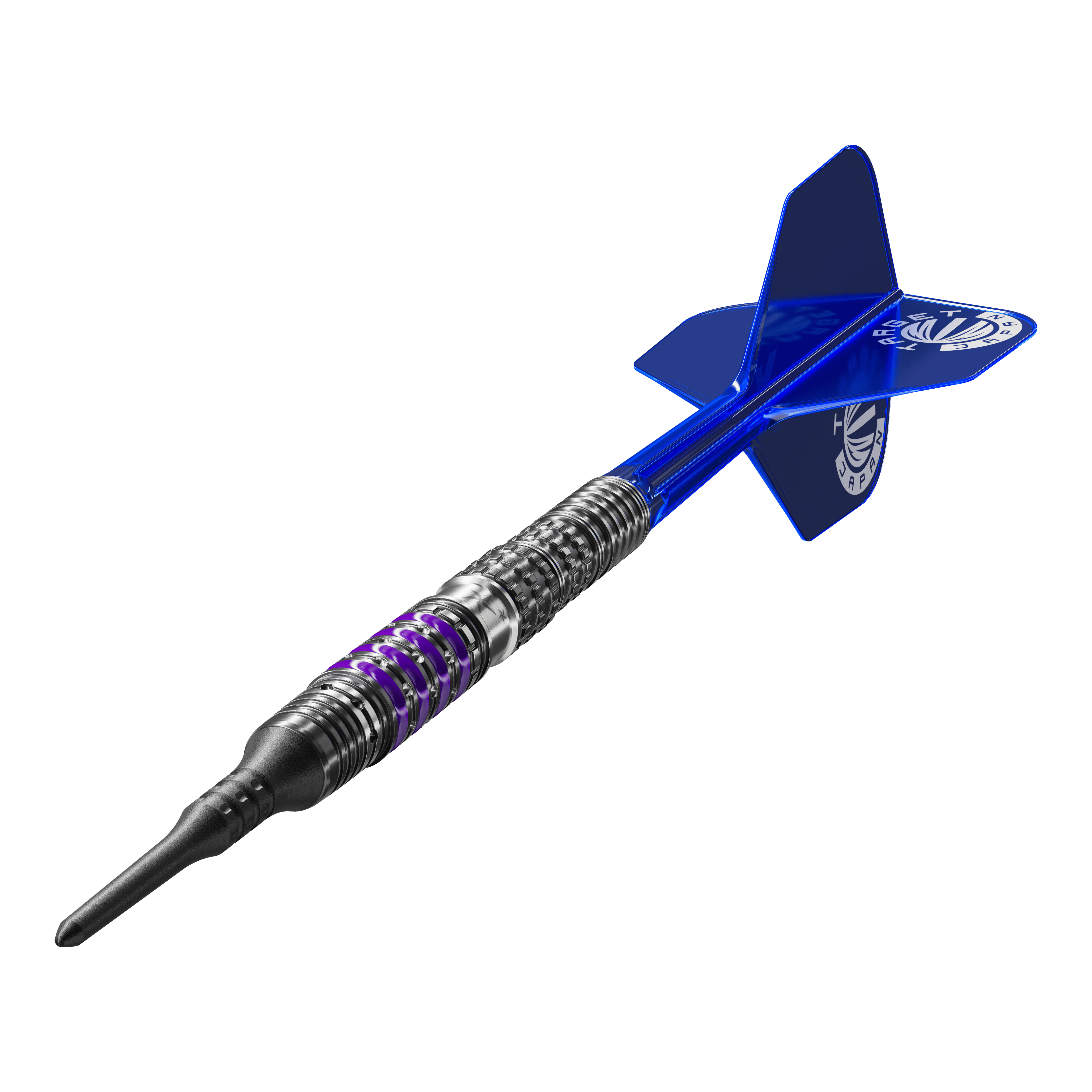 Target Japan Prime Series Sirius GEN4 Soft Darts - 21.5g Das Bild zeigt einen modernen Softdart aus der Produktreihe „Target Japan Prime Series Sirius GEN4“ mit einem Gewicht von 21,5g. Der Dart hat ein auffälliges, silber-schwarzes Design mit lila Akzenten und blauen Flights.