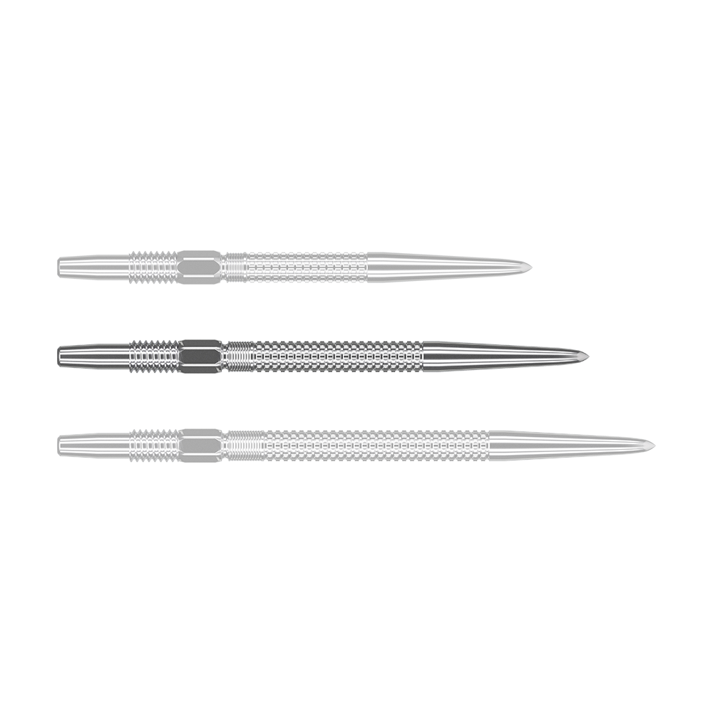 Target Swiss Point GRD Silver dart tips Das Bild zeigt drei silberne Dartspitzen des Produkts „Target Swiss Point GRD Silver Dartspitzen“. Die Spitzen sind nebeneinander angeordnet und haben eine feine Riffelung.