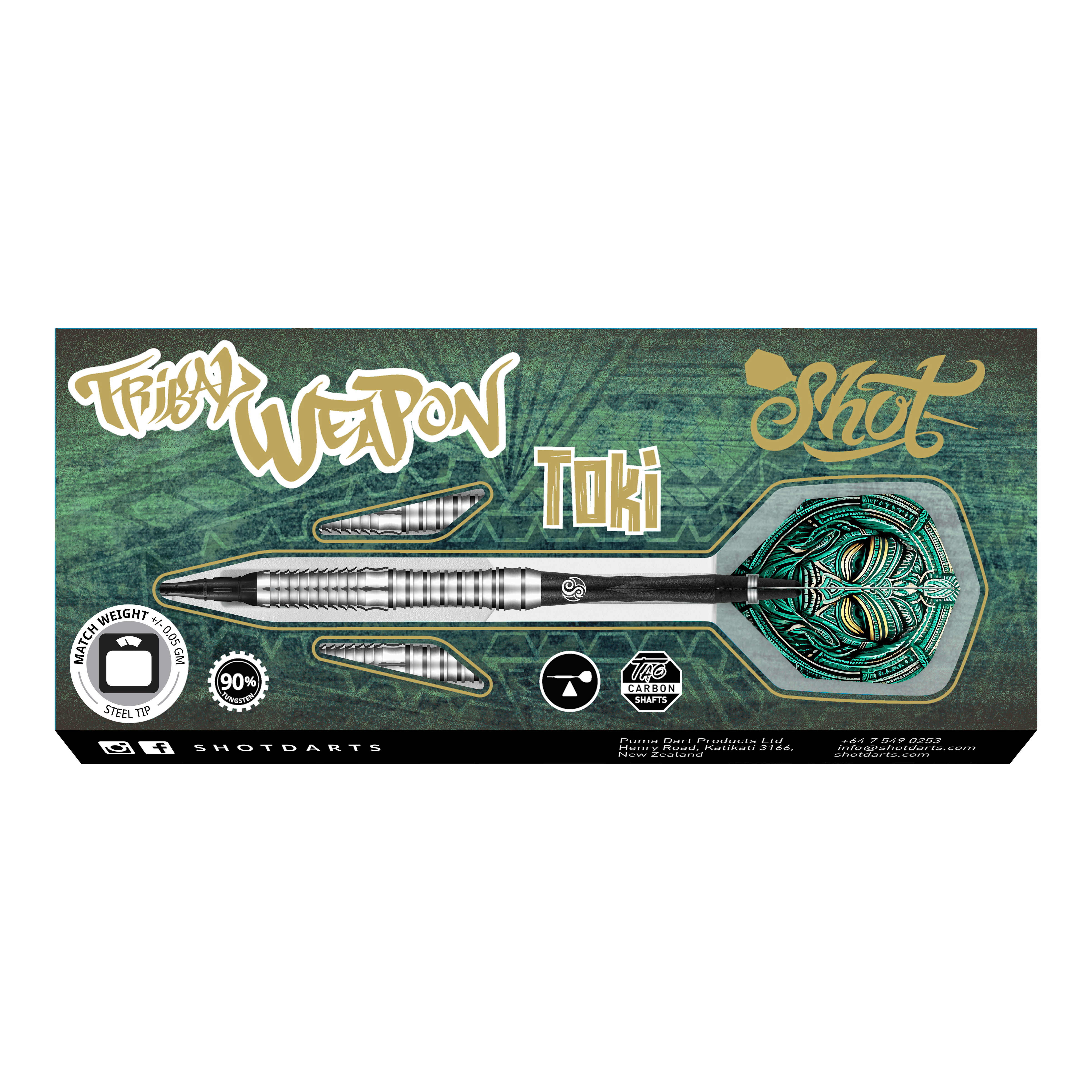Das Bild zeigt die Verpackung der "Shot Tribal Weapon Toki Softdarts". Auf der Verpackung sind ein silberner Dartpfeil mit grünem Flight und verschiedene Beschriftungen abgebildet.