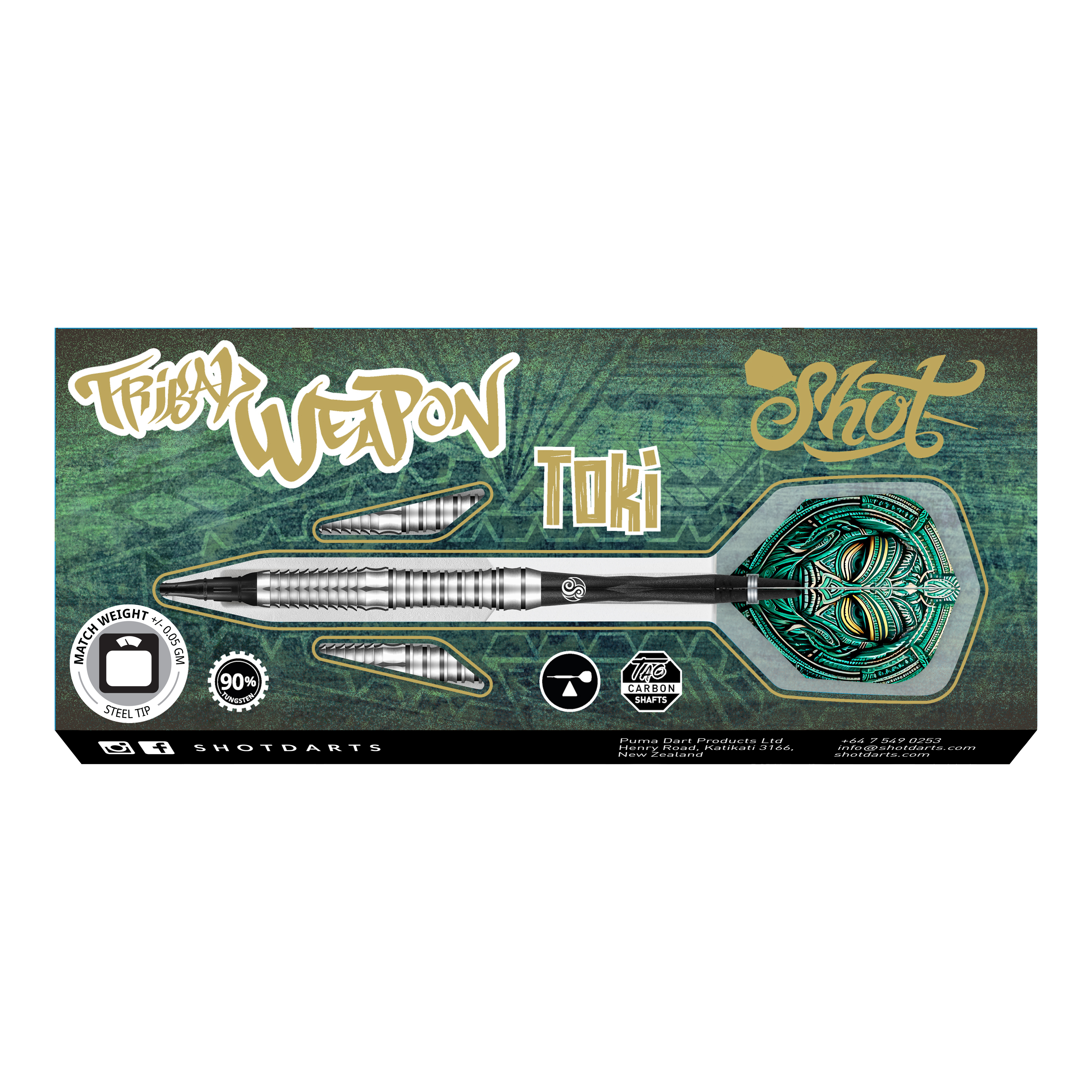 Shot Tribal Weapon Toki soft darts Das Bild zeigt die Verpackung der "Shot Tribal Weapon Toki Softdarts". Auf der Verpackung sind ein silberner Dartpfeil mit grünem Flight und verschiedene Beschriftungen abgebildet.