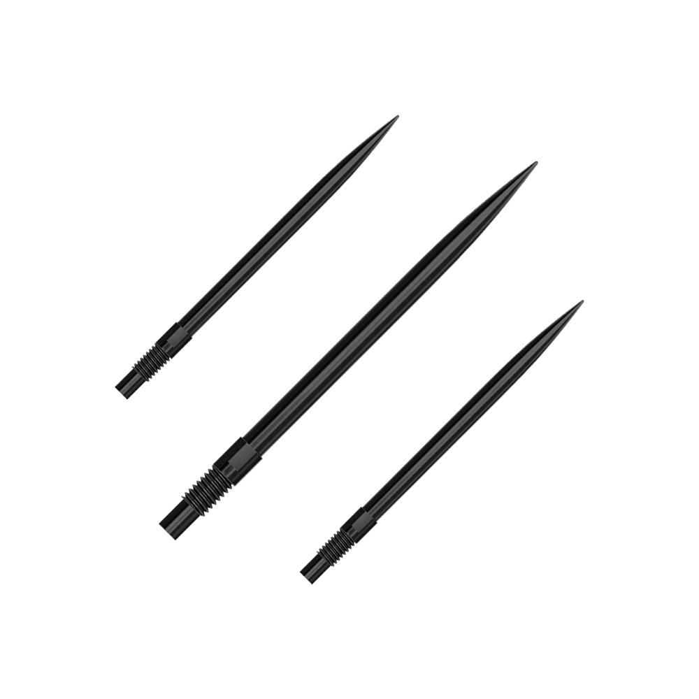 Harrows Quick Point Dart Tips - Black Ein Set von schwarzen Dartspitzen ist abgebildet. Die Spitzen sind 35 mm lang und auf einem weißen Hintergrund präsentiert.
