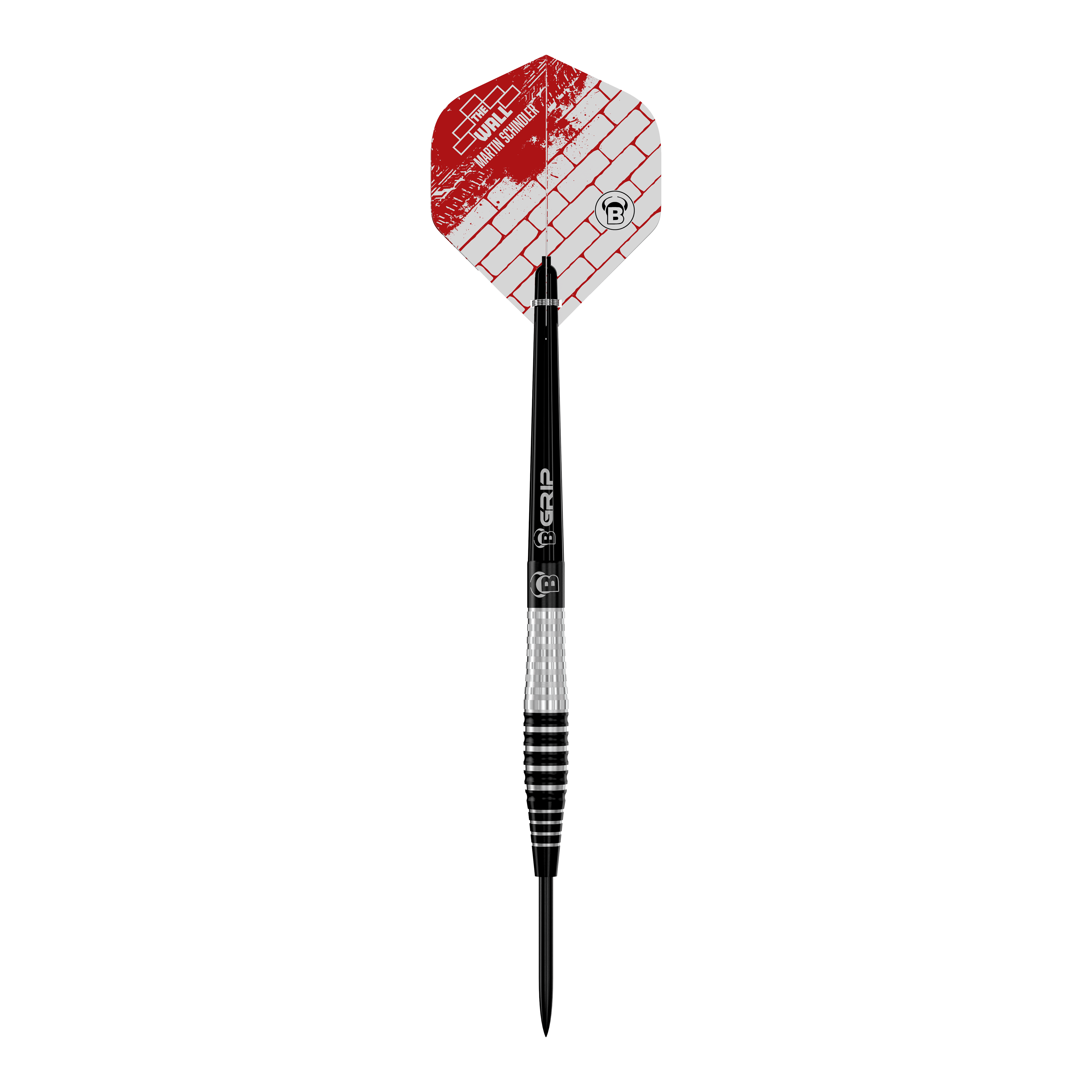 Auf dem Bild ist ein Steeldart der Marke „Bulls Martin Schindler Original Generation 3“ zu sehen. Der Dart hat einen silbernen und schwarzen Schaft sowie ein rotes Flight mit Ziegelmuster.
