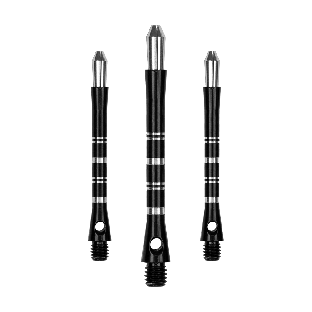 Das Bild zeigt drei schwarze Dartshafts der Marke Harrows Colette. Die Shafts haben silberne Akzente und ein schlankes, modernes Design.