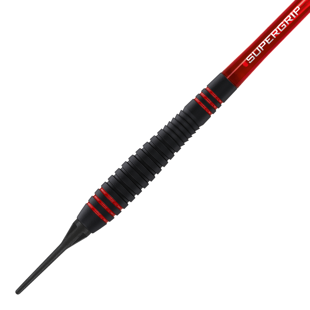 HA13722_Harrows_ACE_Rubber_Grip_Softdarts_2 Das Bild zeigt einen Harrows ACE Rubber Grip Softdart. Der Dartpfeil hat einen schwarzen, geriffelten Gummigriff mit roten Akzenten und einer Kunststoffspitze.