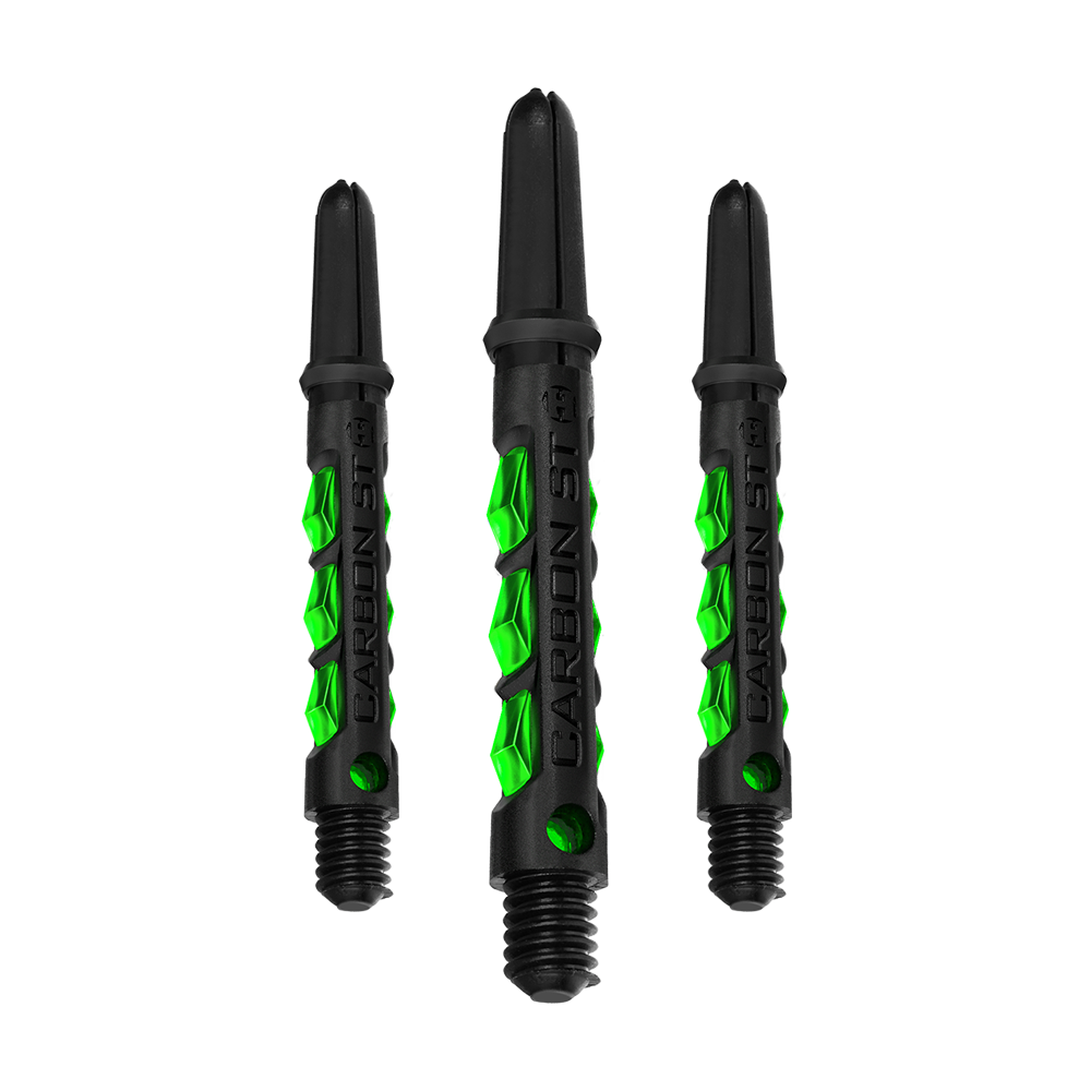 HR423_Harrows_Carbon_ST_Shafts_Gr-n_40mm_1dr8A9ag3UCSKA Das Bild zeigt drei schwarze Carbon ST Shafts von Harrows mit grünen Akzenten. Sie sind nebeneinander angeordnet und für den Dartsport bestimmt.