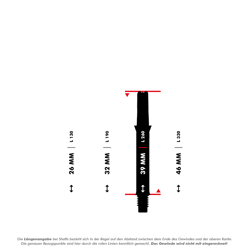 L-L-Style-Shafts Silent Straight - Black Das Bild zeigt verschiedene Längen von geraden Dartshafts, die in Millimetern angegeben sind. Die L-Shaft mit einer Länge von 39 mm ist in der Mitte hervorgehoben dargestellt.