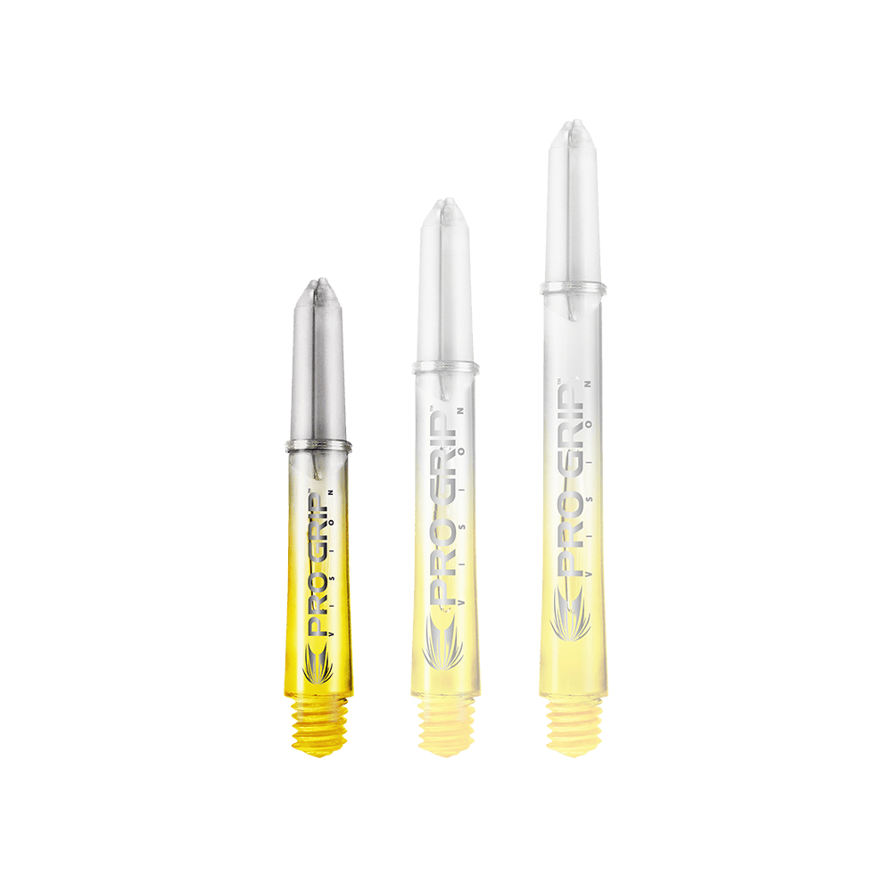 Target Pro Grip Vision Shafts - 3 Sets - Yellow Auf dem Bild sind drei durchsichtige Dartschäfte mit gelbem Ende abgebildet. Auf den Schäften steht "PRO GRIP VISION" und sie sind unterschiedlich lang.