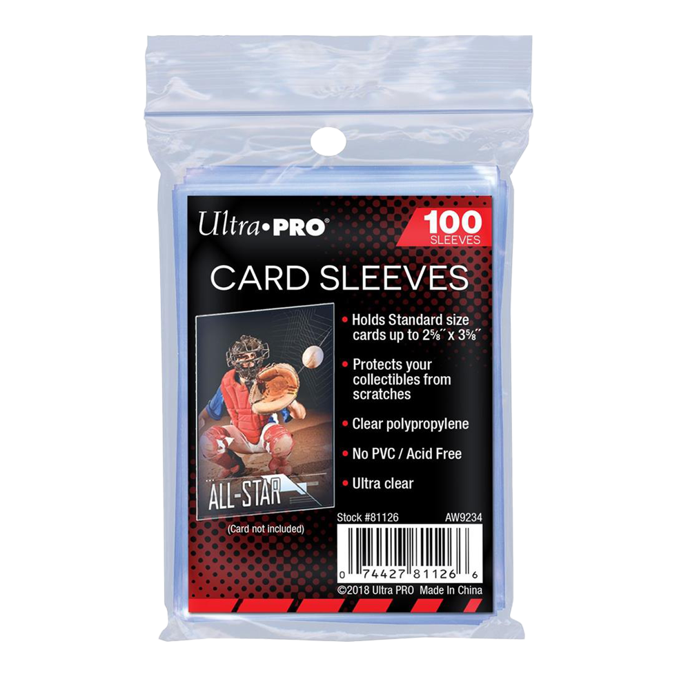 Das Bild zeigt eine Packung Ultra Pro Card Sleeves mit 100 Schutzhüllen für Sammelkarten. Die Hüllen schützen Karten vor Kratzern und sind aus klarem, PVC-freiem Material gefertigt.