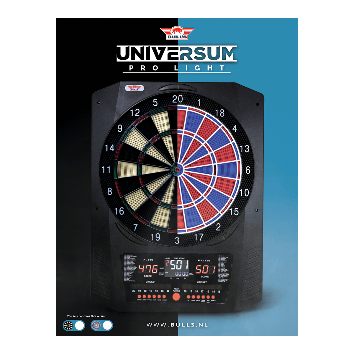 Hier sieht man das Bulls NL Universum Pro Light Elektronisches Dartboard in den Farben Blau und Rot. Dieses Dartboard bietet viele Spieloptionen.