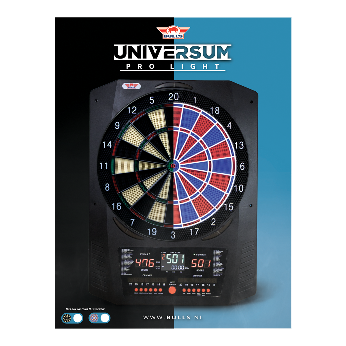 Bulls NL Universum Pro Light Electronic Dartboard - Blue Red Hier sieht man das Bulls NL Universum Pro Light Elektronisches Dartboard in den Farben Blau und Rot. Dieses Dartboard bietet viele Spieloptionen.
