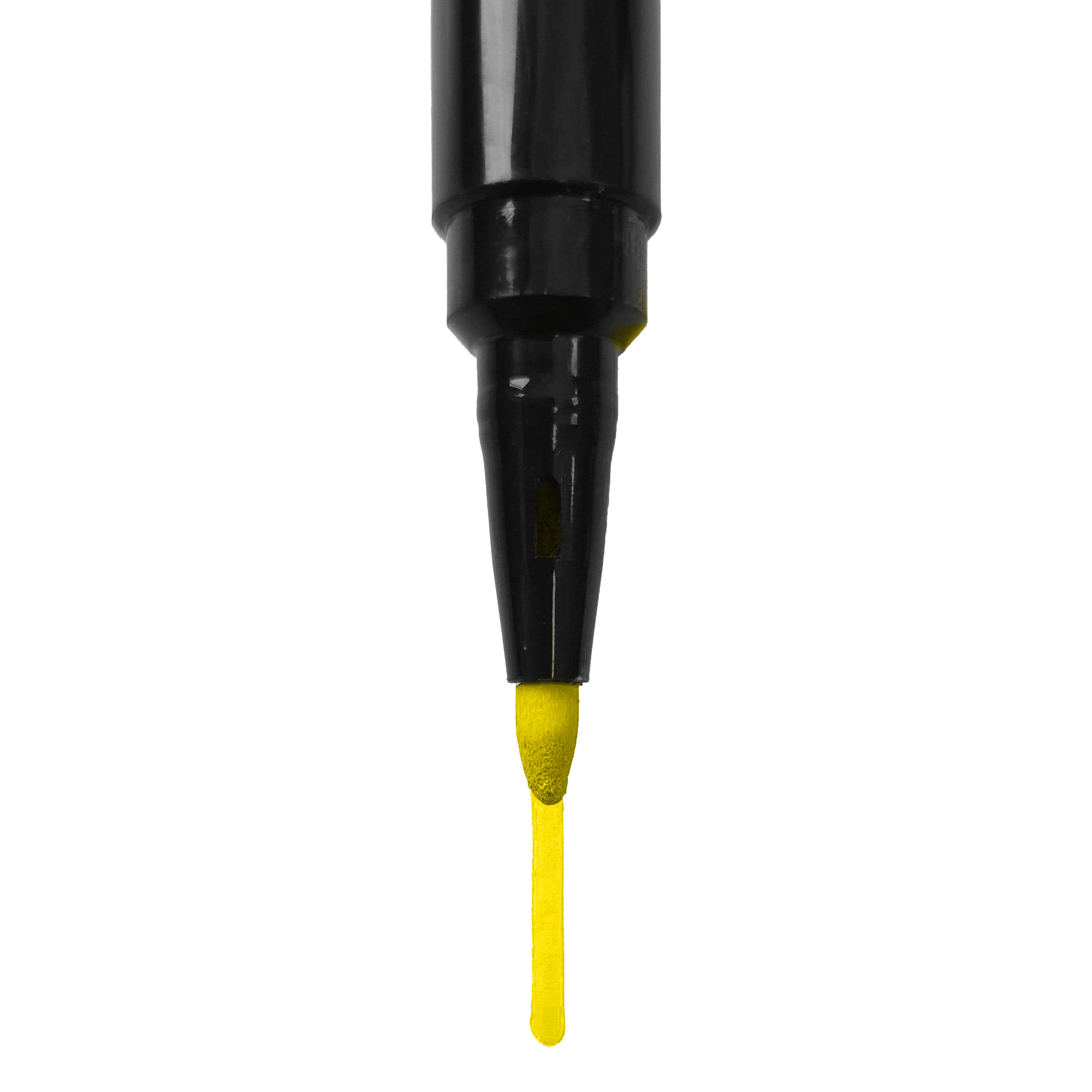 Das Bild zeigt die Spitze eines schwarzen Markers, der gelbe Tinte abgibt. Unter der Spitze ist ein gelber Strich zu sehen.