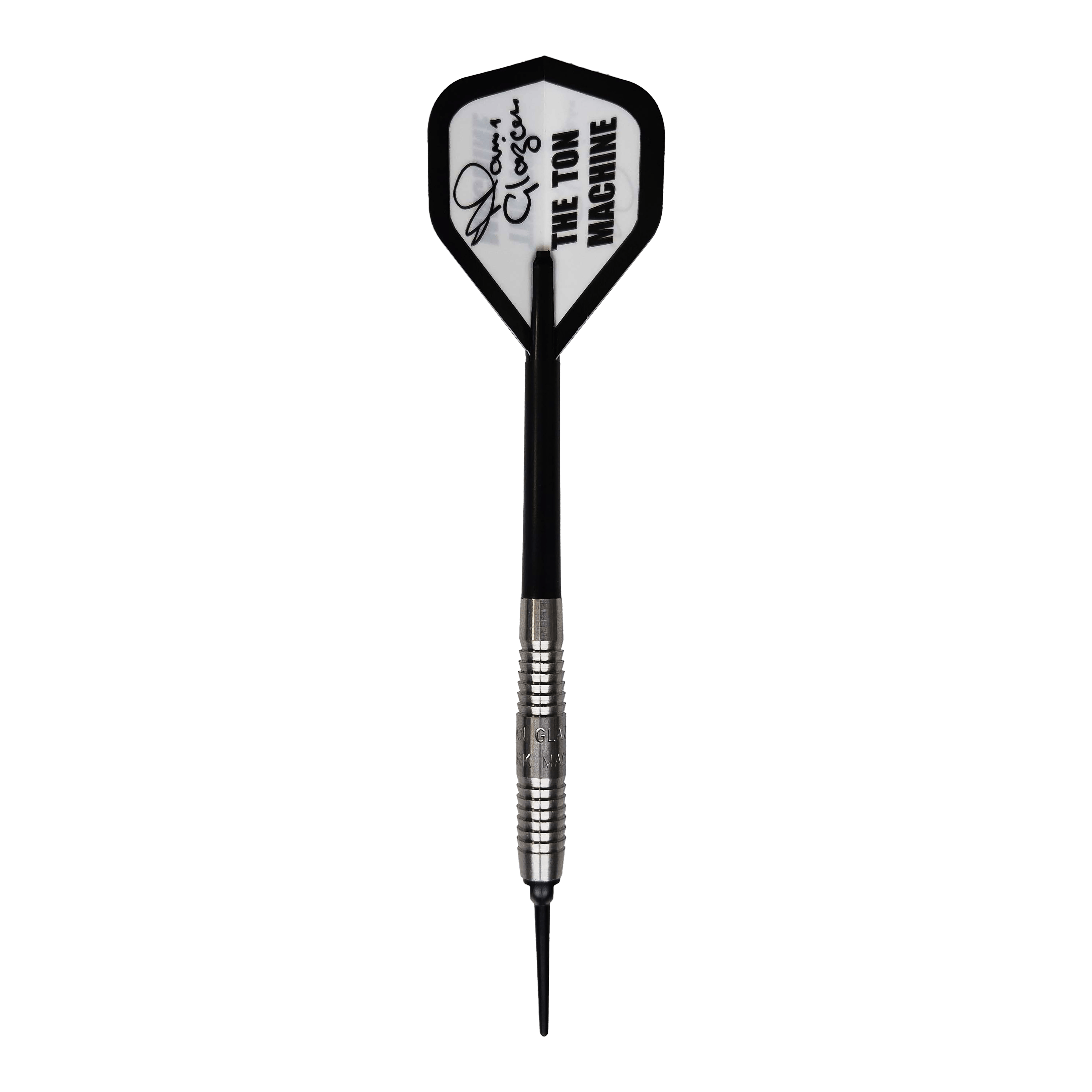 McKicks Alam Glazier Shark Machine Soft Darts Auf dem Bild ist ein McKicks Alam Glazier Shark Machine Softdart zu sehen. Der Dartpfeil hat eine silberne Metallspitze und einen Flight mit der Aufschrift "THE TON MACHINE".