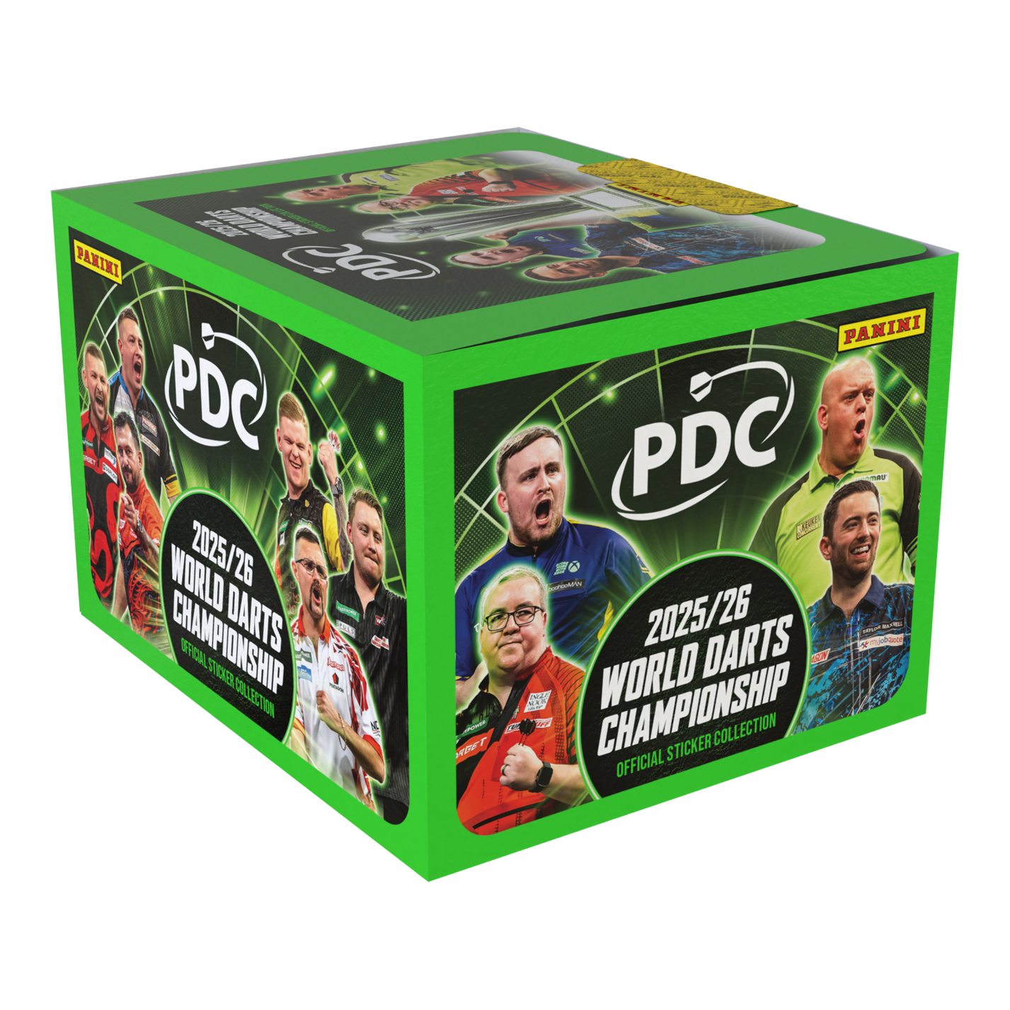 Auf dem Bild sieht man die Panini PDC World Darts Championship 2025/26 Stickerbox mit 65 Tüten. Die Box ist speziell für Sammler und Fans der Darts-Weltmeisterschaft.