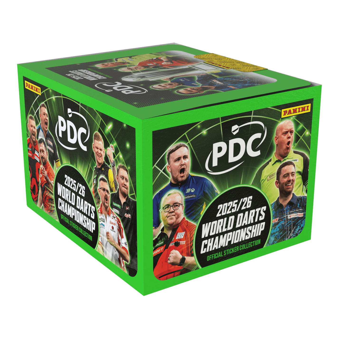 Panini PDC World Darts Championship 2025/26 - Sticker box with 65 packs Auf dem Bild sieht man die Panini PDC World Darts Championship 2025/26 Stickerbox mit 65 Tüten. Die Box ist speziell für Sammler und Fans der Darts-Weltmeisterschaft.