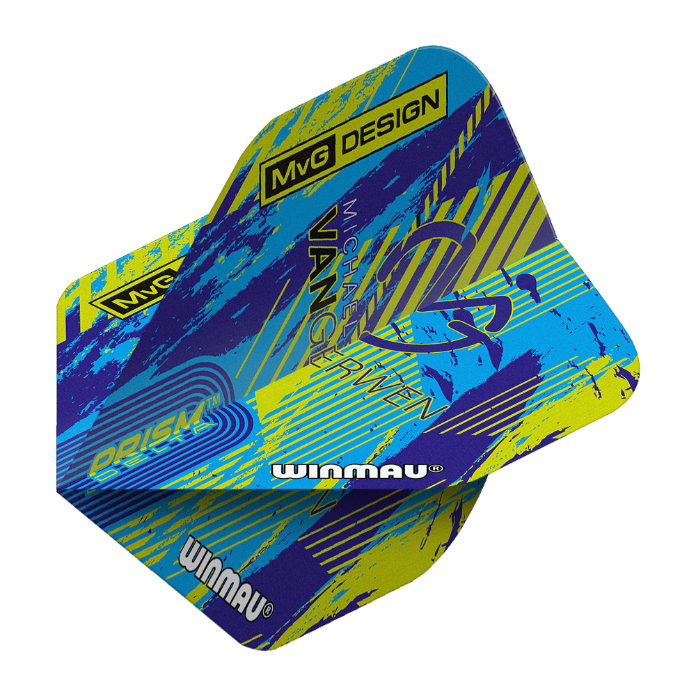 Das Bild zeigt die Winmau Delta Michael Van Gerwen Prism 04 Standard Flights. Das Design ist bunt mit blauen, gelben und violetten Akzenten sowie dem Schriftzug „MvG DESIGN“ und „Winmau“.