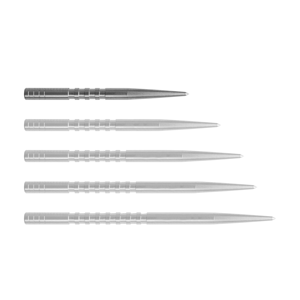 Condor Beak Point With Cut dart tips Auf dem Bild sind fünf silberne Dartspitzen nebeneinander zu sehen. Sie haben eine gerade Form mit feinen Rillen im hinteren Bereich und einer spitzen Vorderseite.