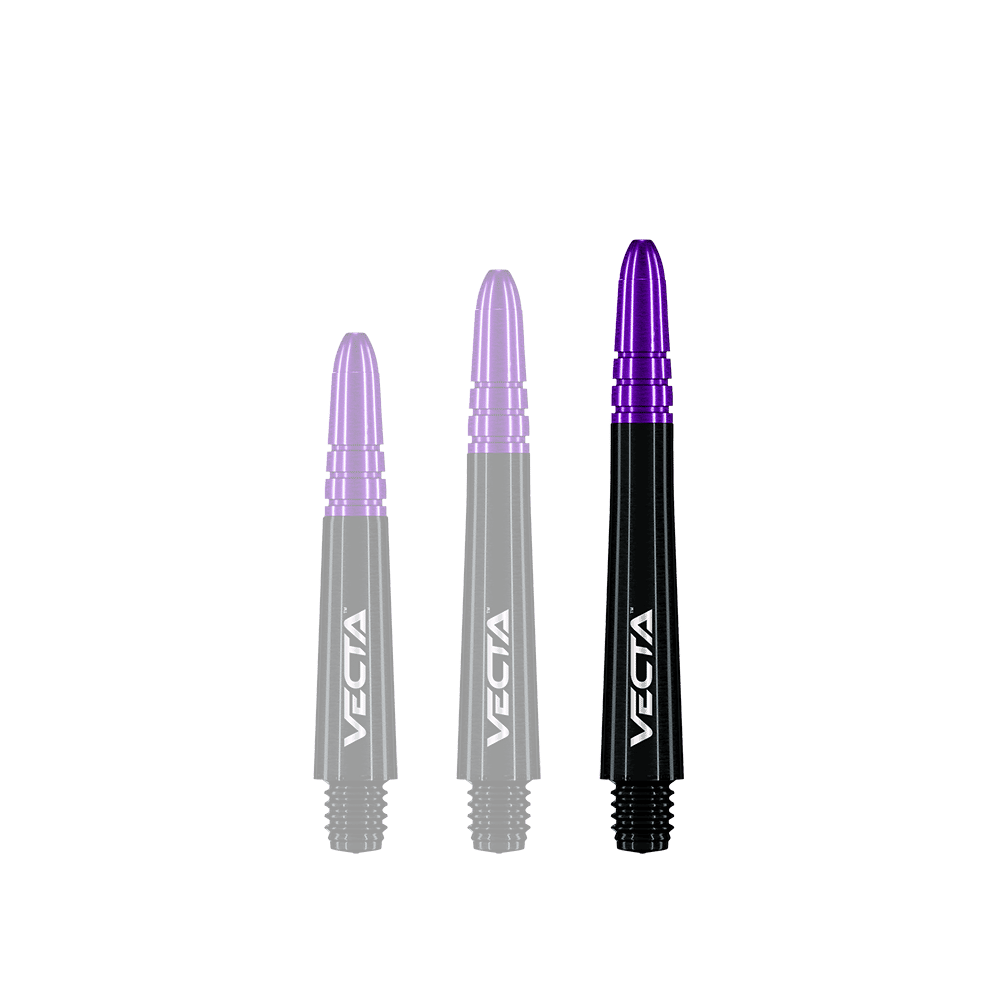 Winmau Vecta Shafts - Schwarz Lila Auf dem Bild sind drei Dartschäfte in unterschiedlichen Längen zu sehen. Sie sind schwarz mit violetten Spitzen und tragen die Aufschrift "VECTA".