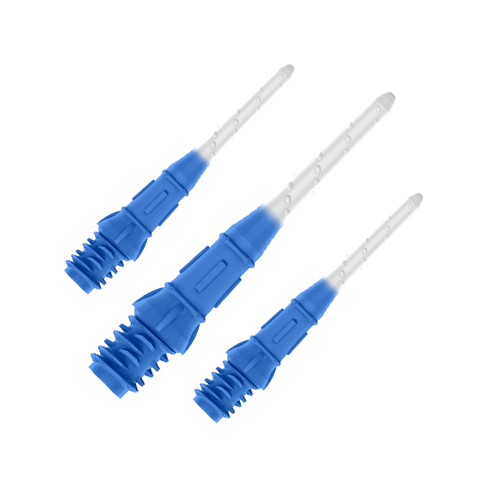 L-Style Premium Two Tone Lippoints (Pack of 30) Das Bild zeigt drei blaue und weiße Dartspitzen, die nebeneinander liegen. Die Spitzen haben ein zweifarbiges Design mit dunklem Blau am unteren Teil und Weiß am oberen Teil.