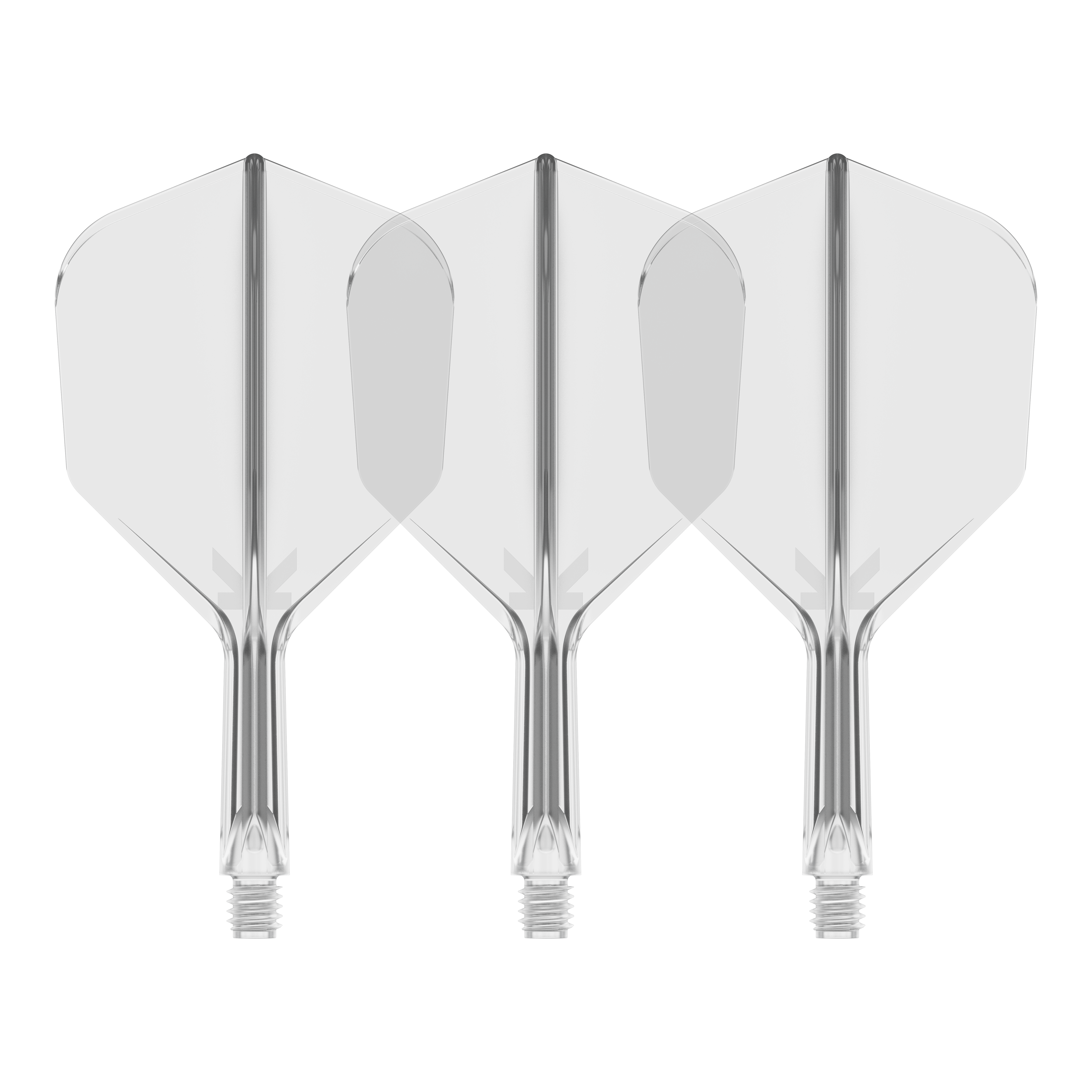Target K-Flex No6 Flight System - Clear Auf dem Bild sind drei durchsichtige Dartflights mit integriertem Schaft zu sehen. Sie stehen nebeneinander vor schwarzem Hintergrund.