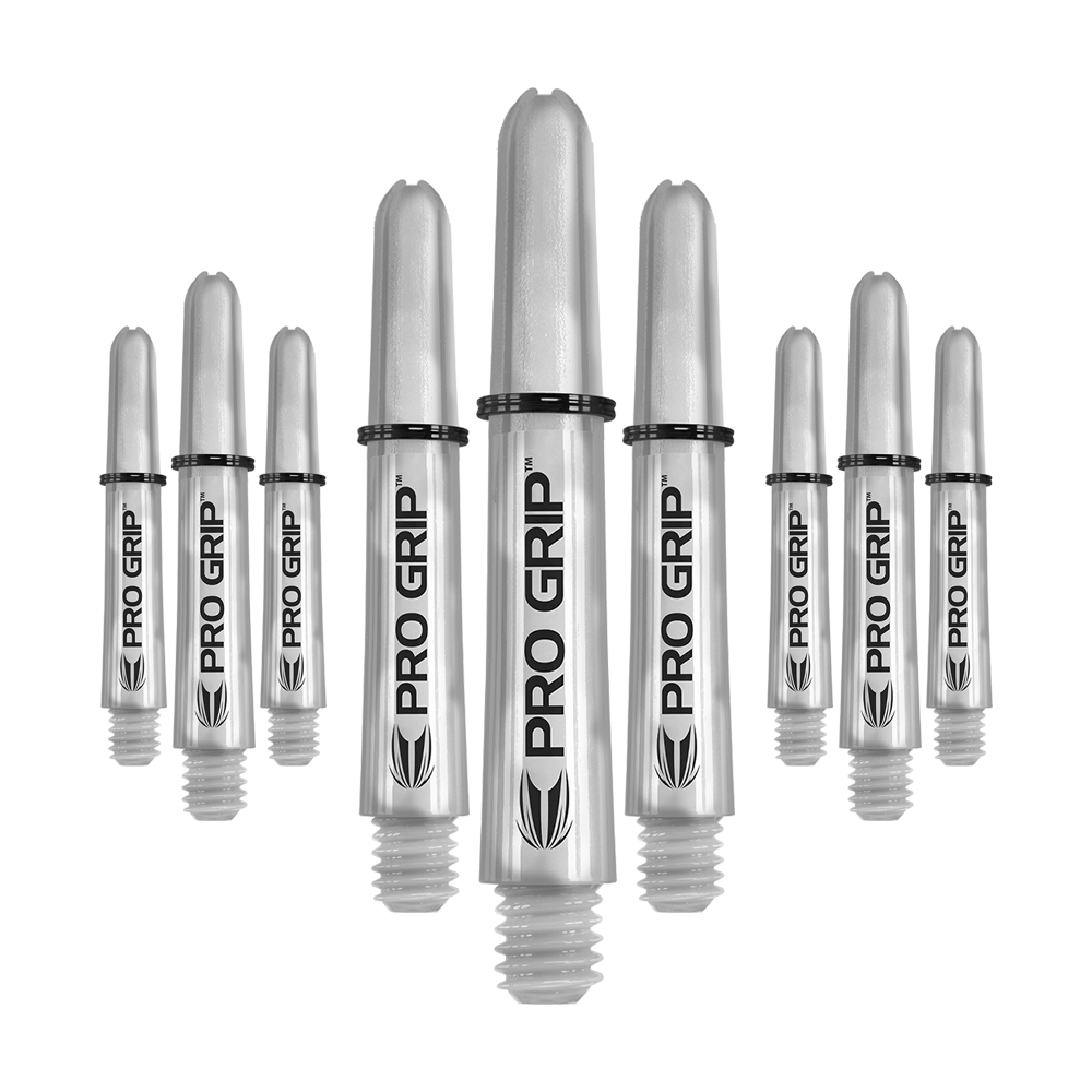 Target Pro Grip Shafts - 3 Sets - Transparent Das Bild zeigt neun transparente Dartschäfte mit der Aufschrift "Pro Grip". Sie sind in drei Reihen angeordnet, wobei die mittleren Schäfte am größten sind.