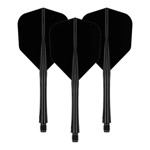 Caliburn SUP Lite No6 flight shaft system Das Bild zeigt drei schwarze Dart-Flights mit Schäften. Sie sind in einer aufrechten Position nebeneinander angeordnet.