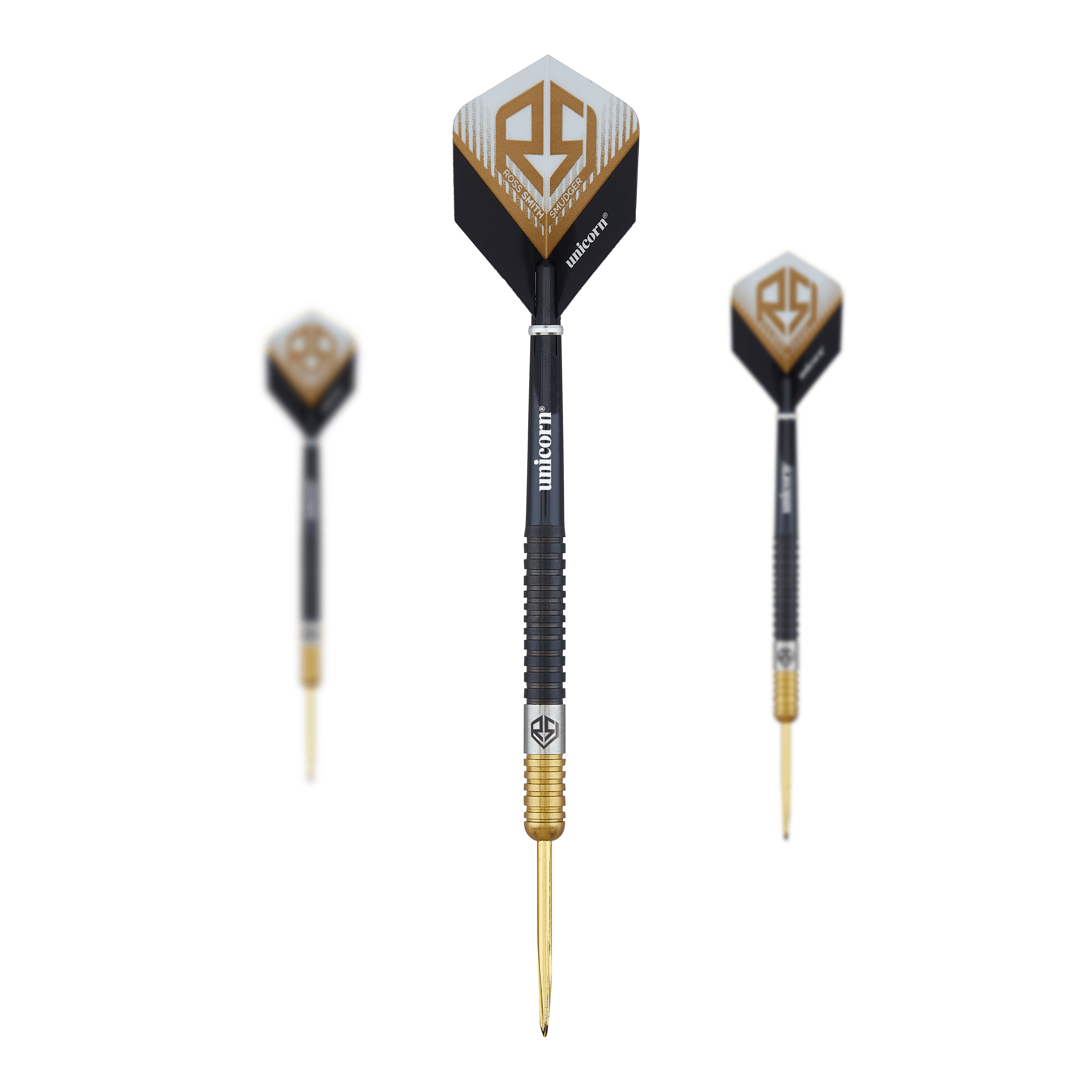 Unicorn Ross Smith Two-Tone Steel Darts Das Bild zeigt drei Steeldarts des Produkts 'Unicorn Ross Smith Two-Tone Steeldarts'. Die Darts sind schwarz-goldfarben und tragen das Ross Smith Logo auf den Flights.