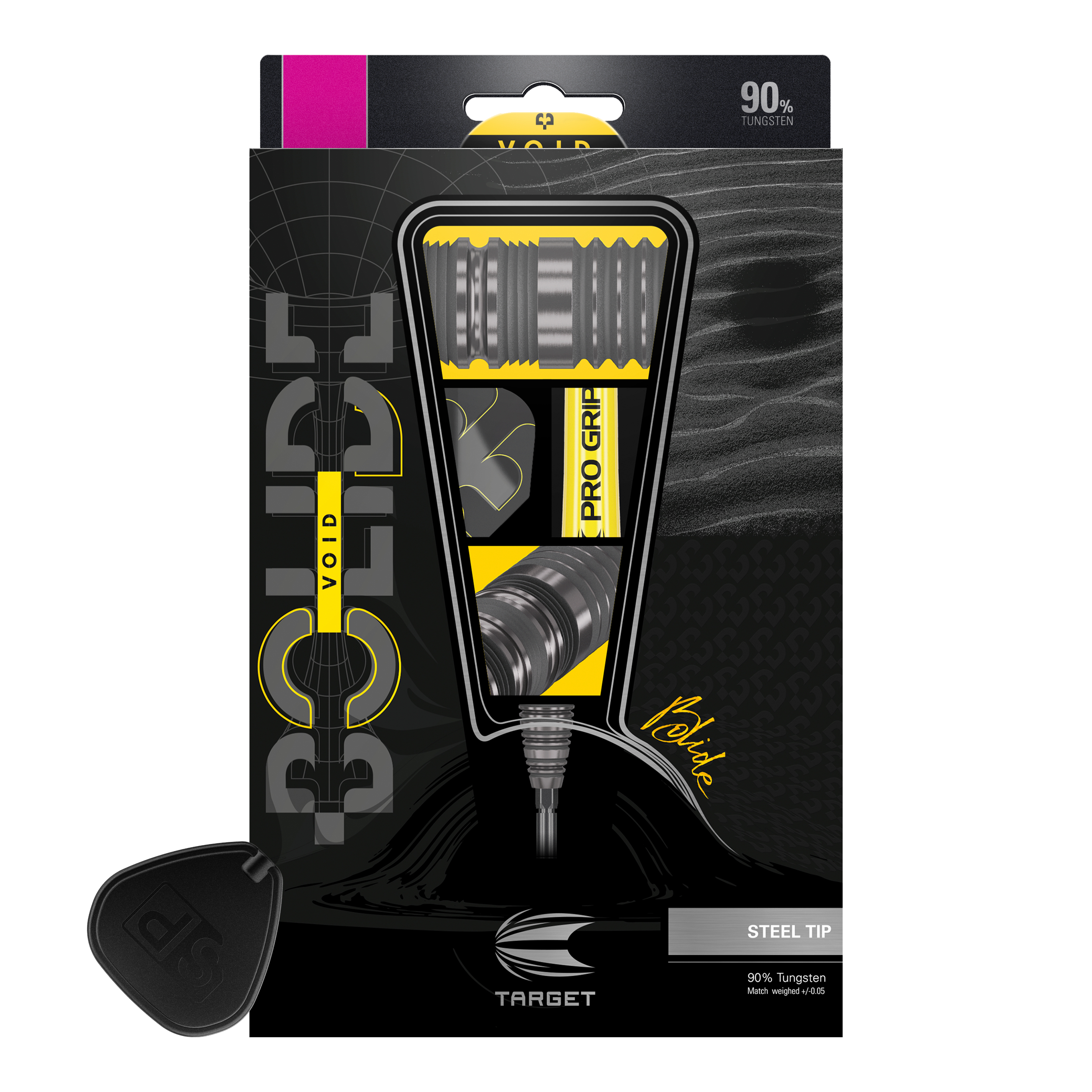 Target Bolide Void 05 Swiss Point steel darts Das Bild zeigt die Verpackung der "Target Bolide Void 05 Swiss Point Steeldarts". Die Verpackung ist überwiegend schwarz mit gelben Akzenten und hebt die hochwertige Verarbeitung aus 90 % Tungsten hervor.