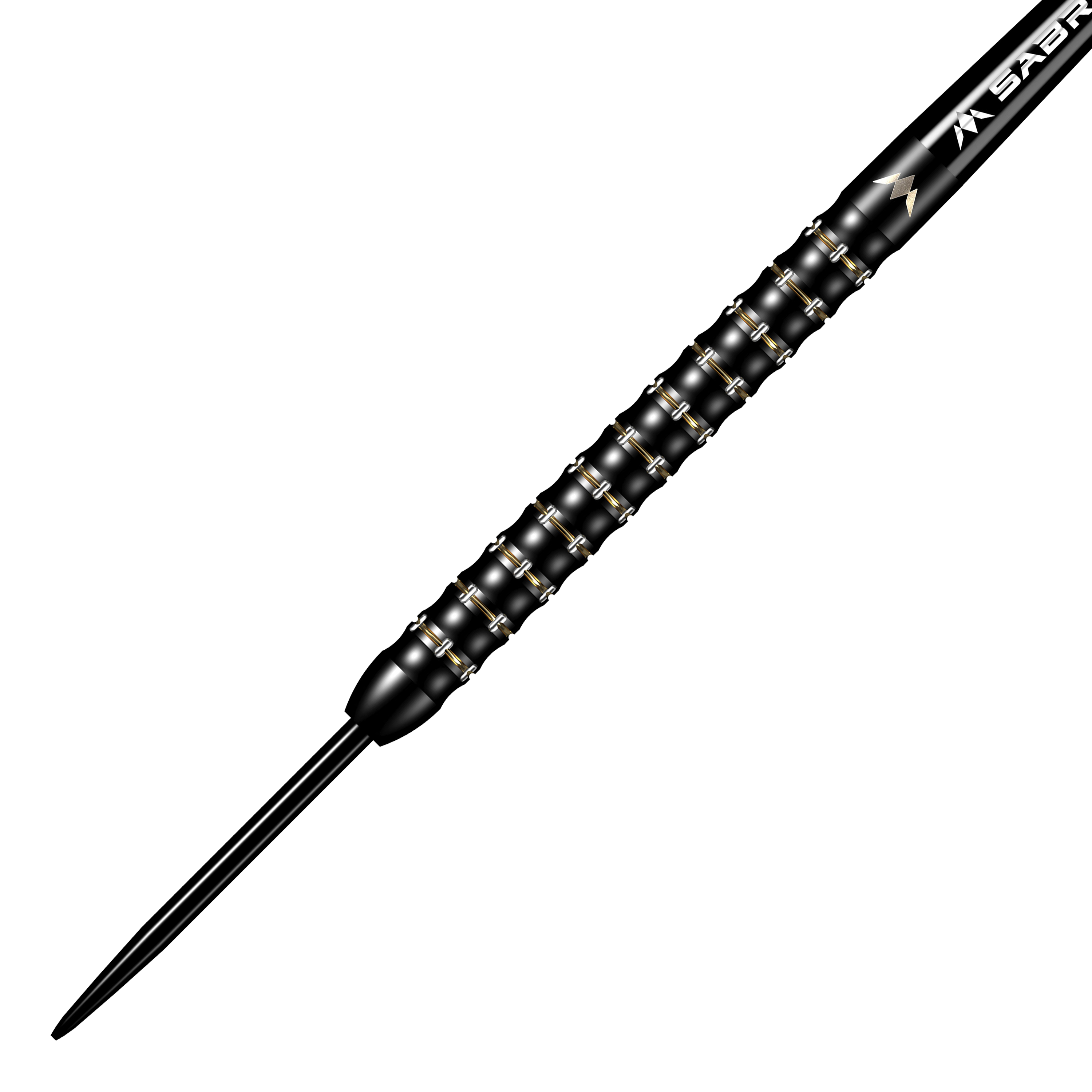 Das Bild zeigt den Mission Mike De Decker MDD Black Gold Steeldart. Der Dartpfeil ist überwiegend schwarz mit goldenen Akzenten und hat ein strukturiertes Griffdesign.