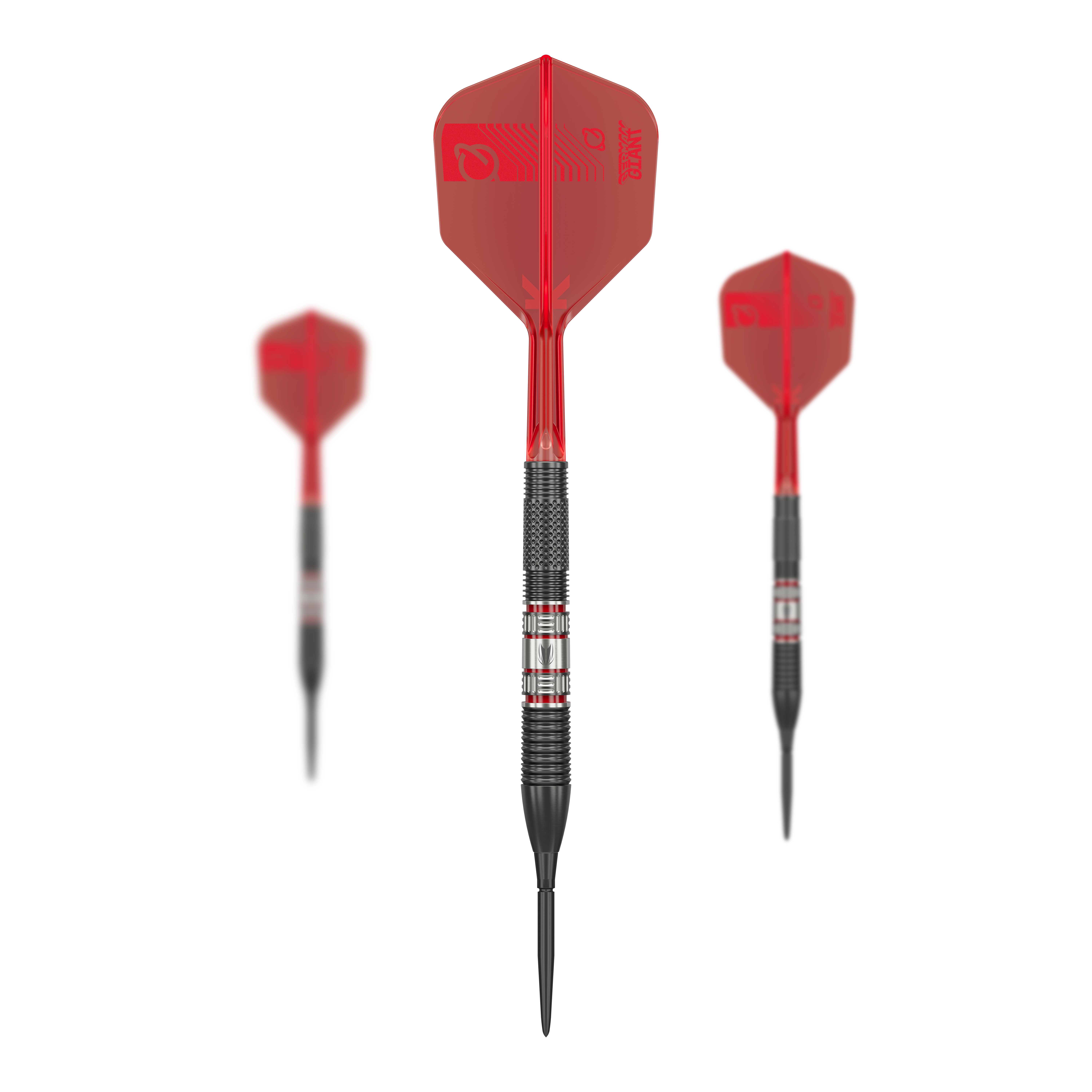 Target Gabriel Clemens 95K Swiss Point Steel Darts Das Bild zeigt drei Steeldarts des Modells „Target Gabriel Clemens 95K Swiss Point“. Die Darts haben schwarze Spitzen, schwarze Griffbereiche und rote Flights.