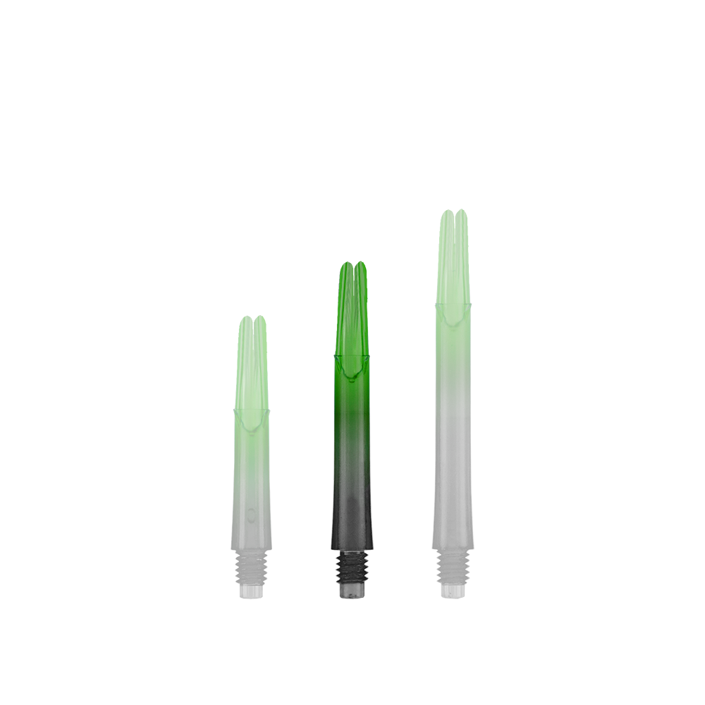 L-L-Style-Shaft Locked Straight Natural9 TwoTone Shafts - Green Auf dem Bild sind drei grün-schwarze Dartschäfte in unterschiedlichen Längen zu sehen. Sie stehen aufrecht nebeneinander auf weißem Hintergrund.