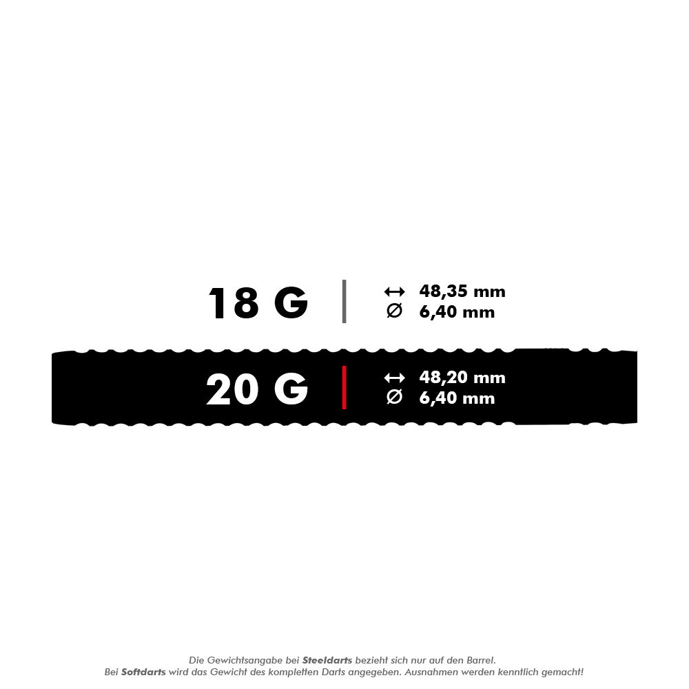 2061_Winmau_Blackout_Tungsten_Softdarts_5_20g Das Bild zeigt die Produktinformationen der "Winmau Blackout Tungsten Softdarts". Die Darts wiegen 20 Gramm, sind 48,20 mm lang und haben einen Durchmesser von 6,40 mm.